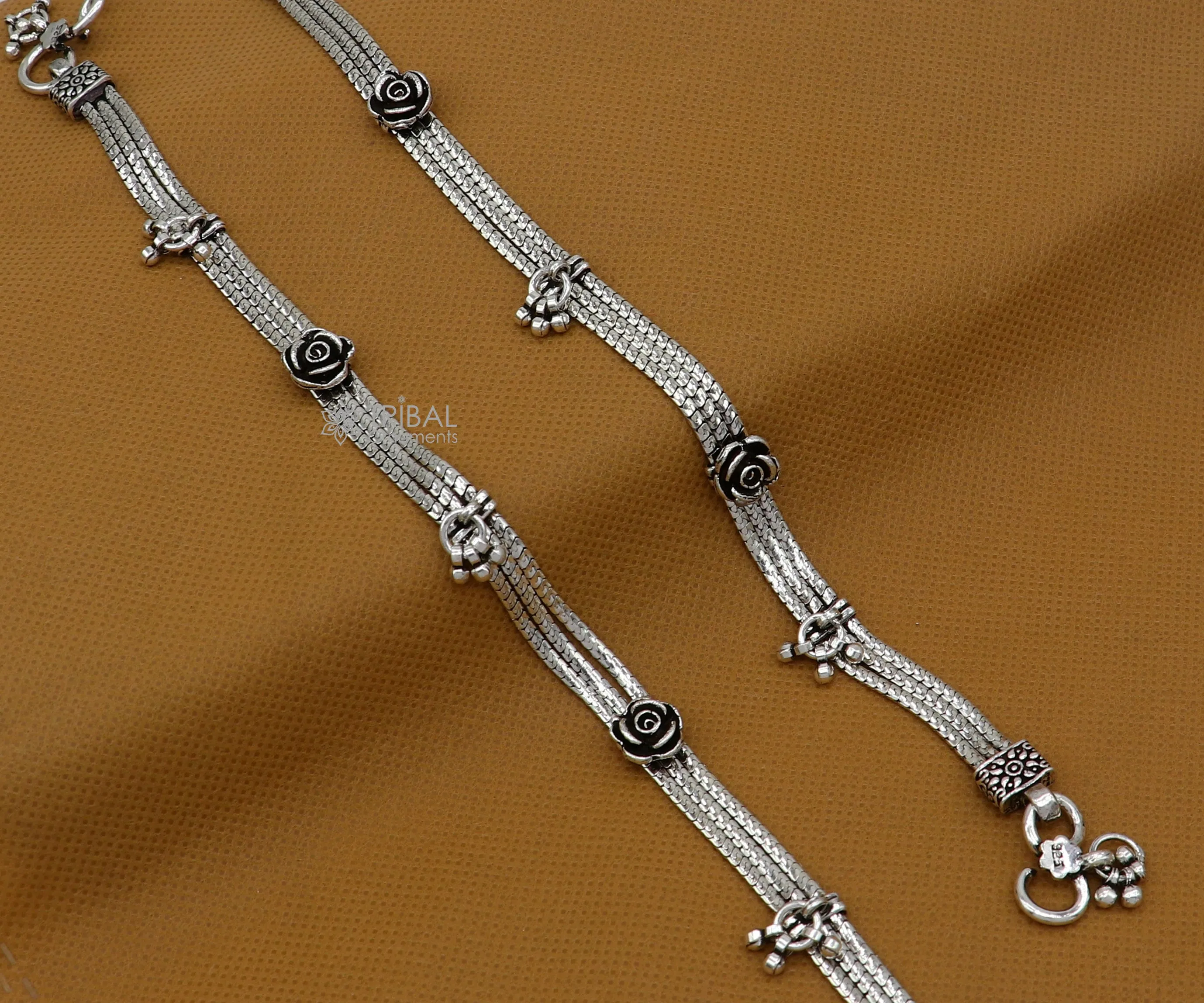 10.5" inches 925 Sterling silver vintage rose flower design 3 string anklets foot bracelet with gorgeous charm ankle jewelry  ank618