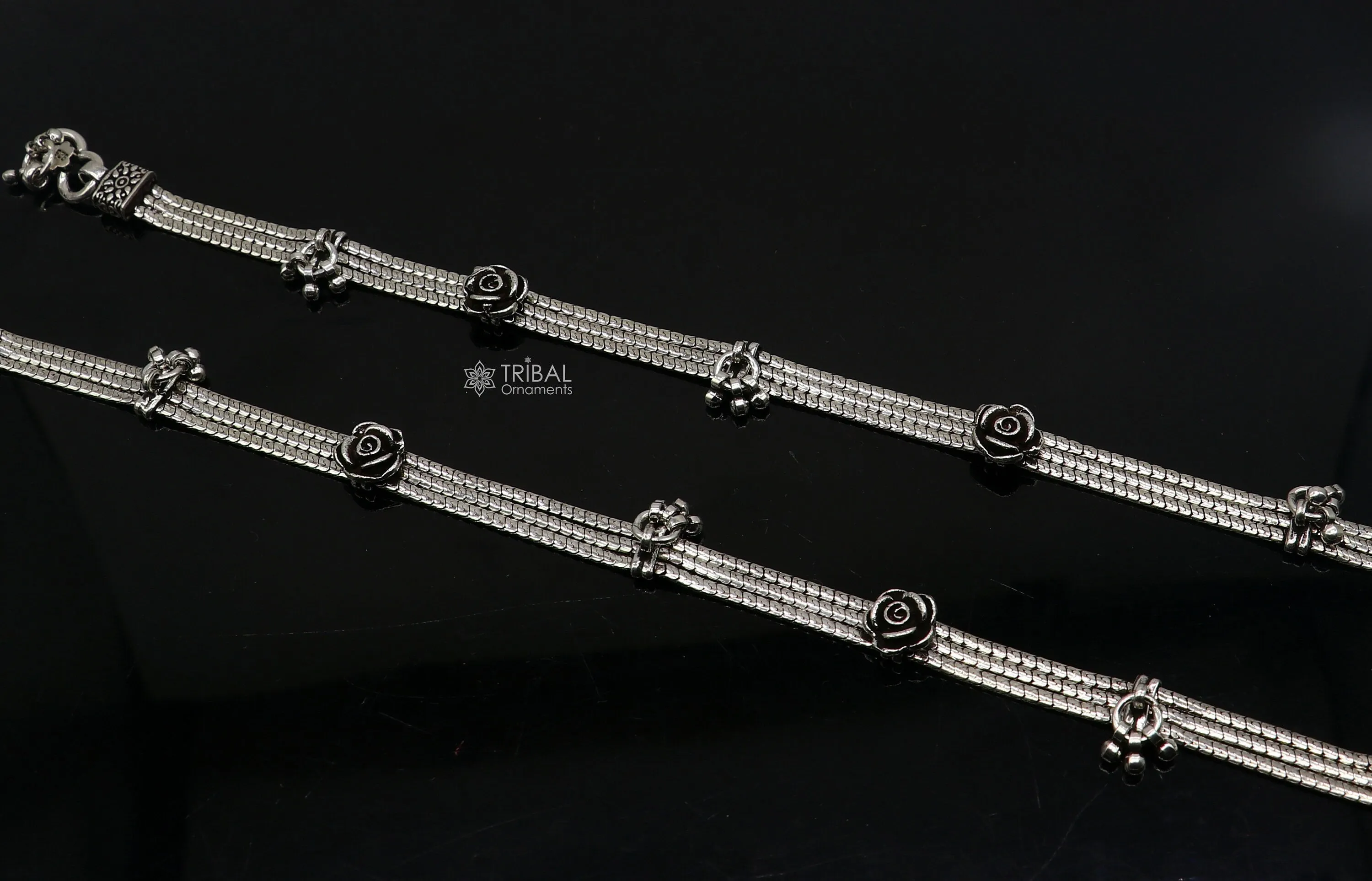 10.5" inches 925 Sterling silver vintage rose flower design 3 string anklets foot bracelet with gorgeous charm ankle jewelry  ank618