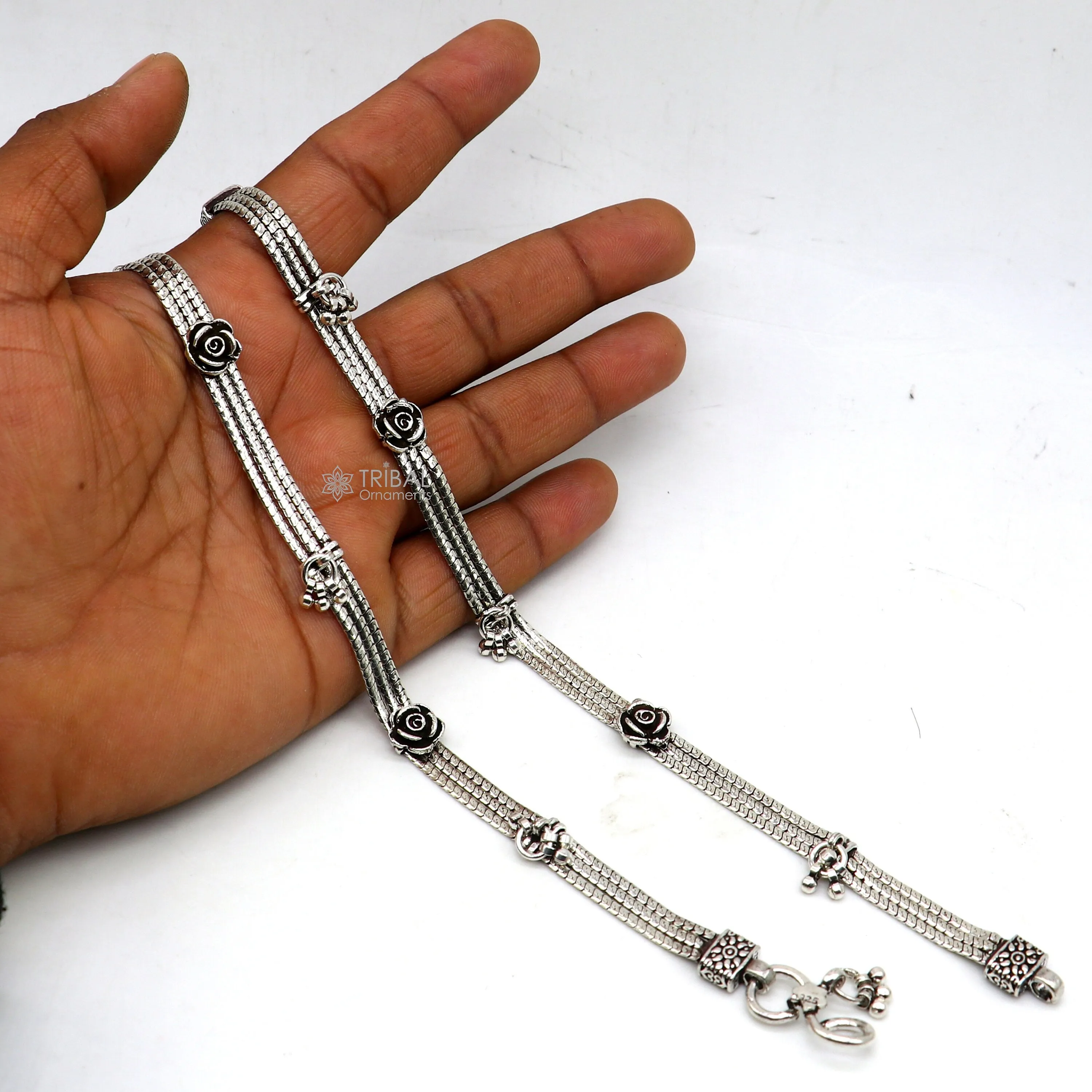 10.5" inches 925 Sterling silver vintage rose flower design 3 string anklets foot bracelet with gorgeous charm ankle jewelry  ank618