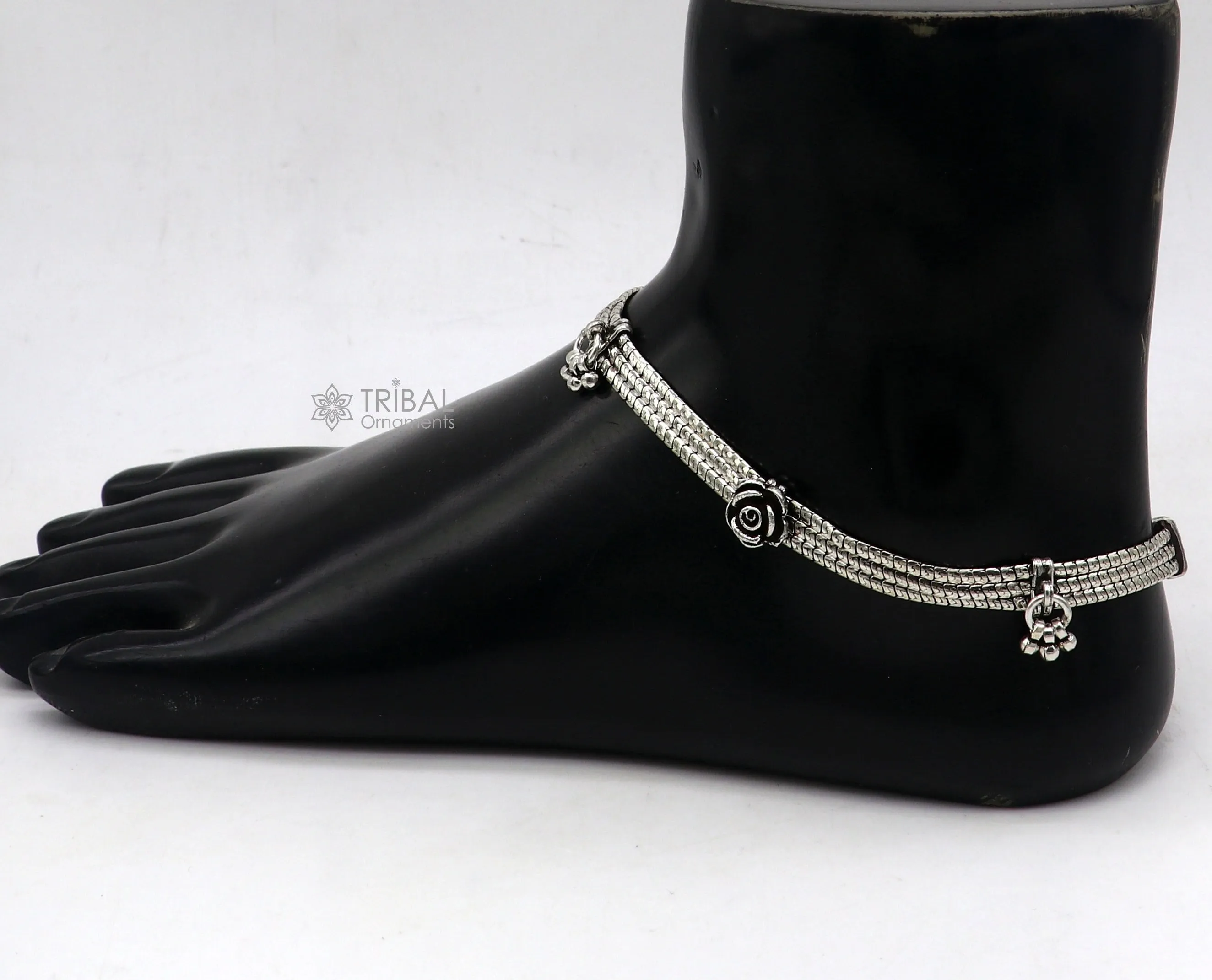 10.5" inches 925 Sterling silver vintage rose flower design 3 string anklets foot bracelet with gorgeous charm ankle jewelry  ank618