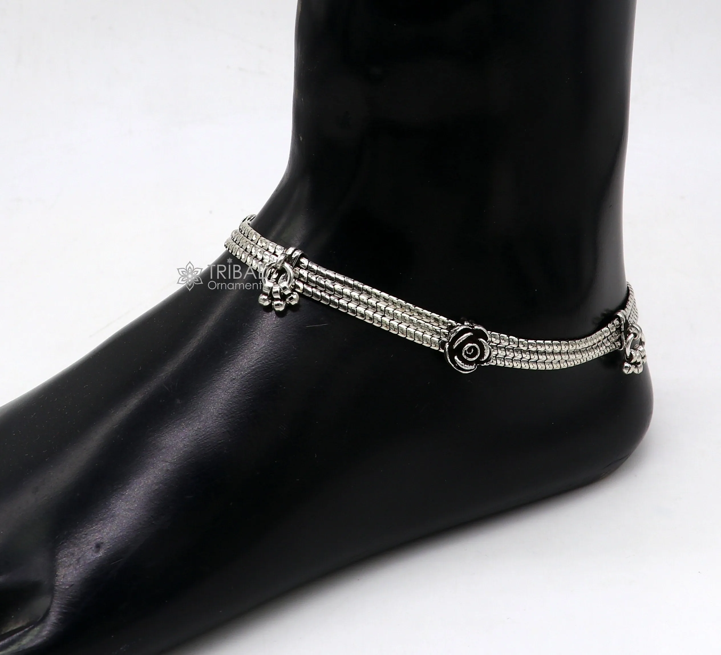 10.5" inches 925 Sterling silver vintage rose flower design 3 string anklets foot bracelet with gorgeous charm ankle jewelry  ank618