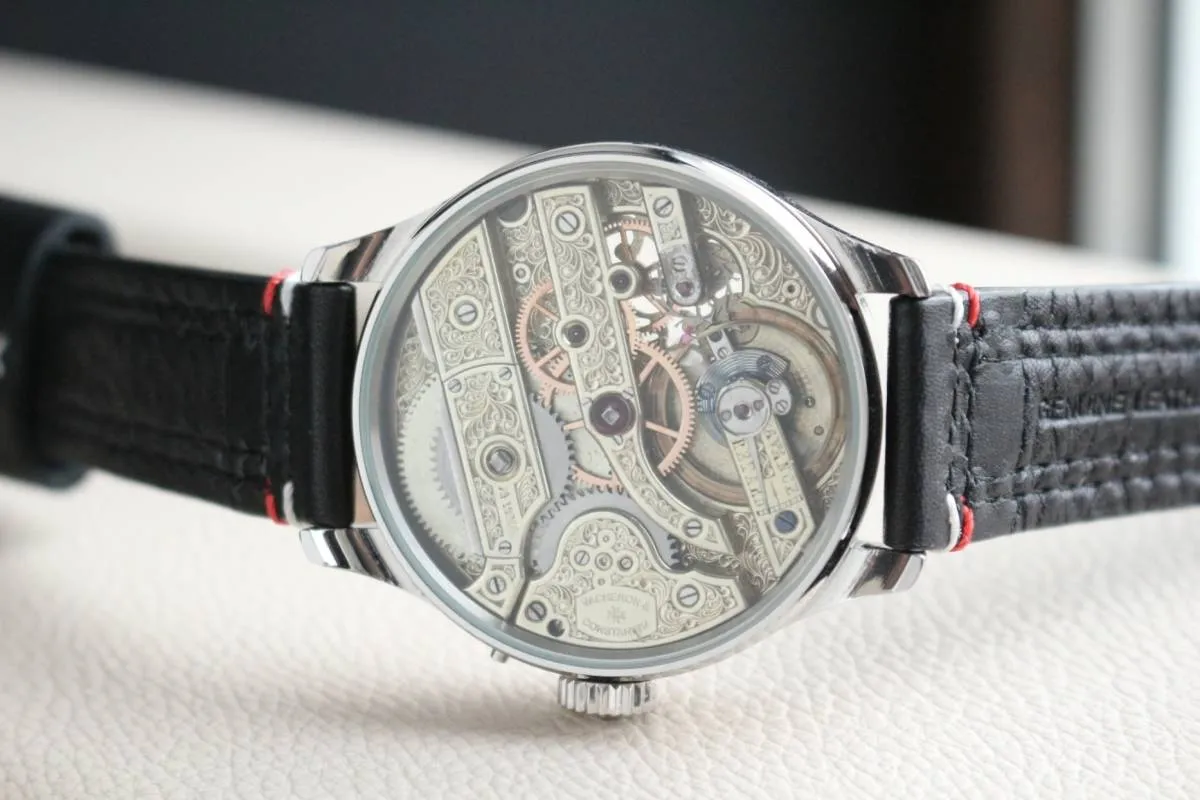 1870s Custom Watch With Vacheron Constantin Pocket Watch Movement Fully Engraved Half Dial