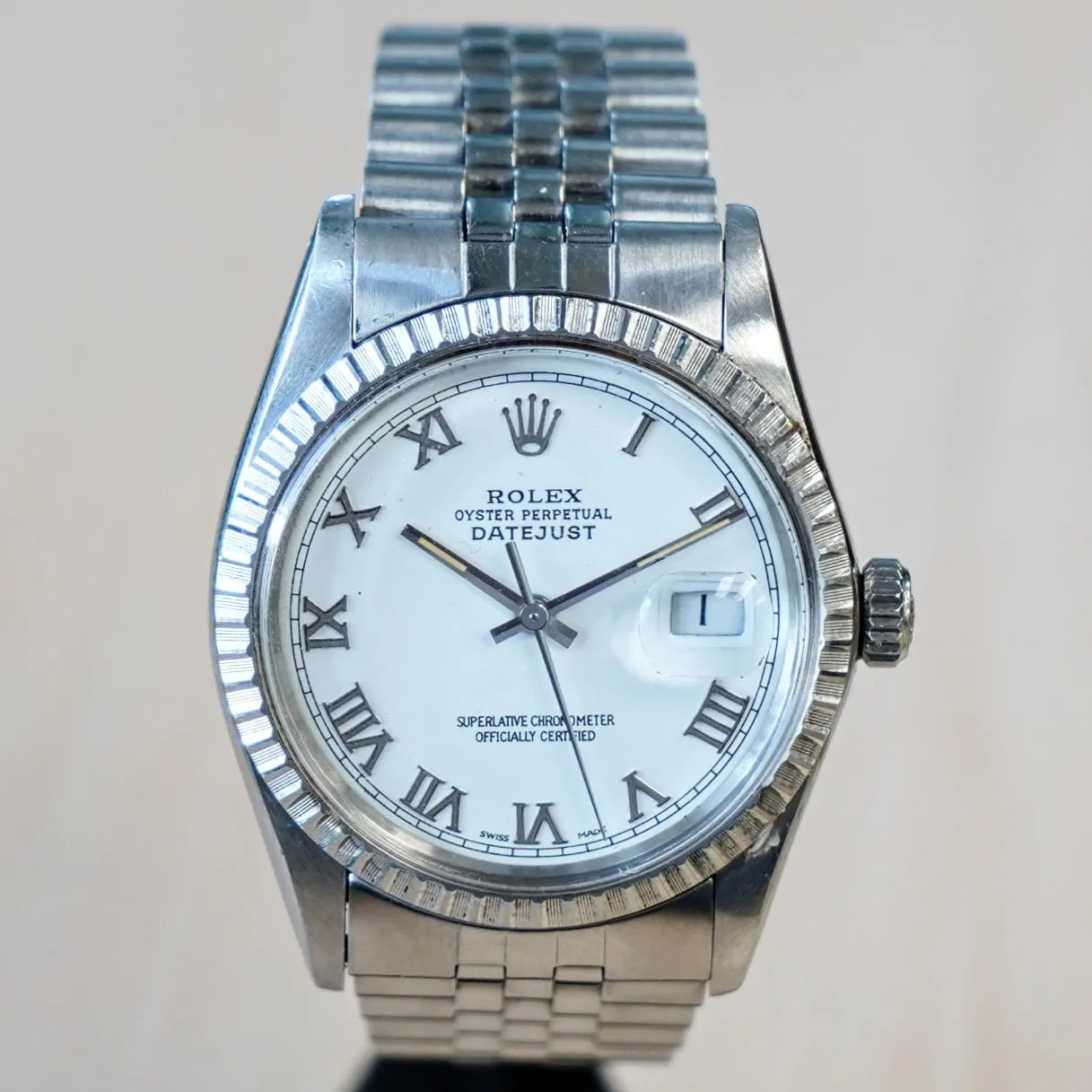 1984 ROLEX Datejust 36 16014 White Dial & Roman Numerals ALL S.S. Automatic Watch