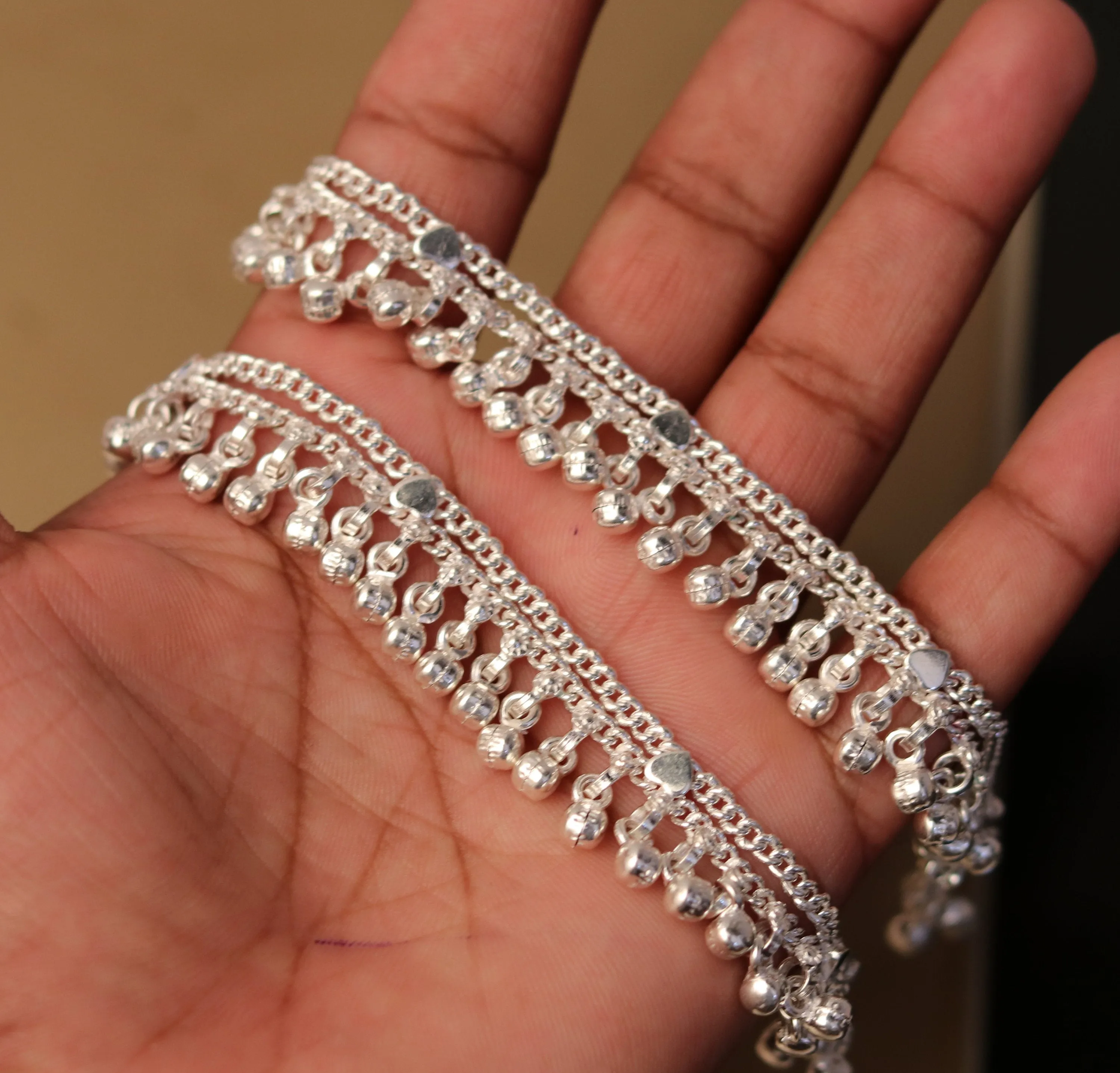 5.8" Handmade vintage antique style sterling silver fabulous noisy jingle bells anklets , baby foot bracelet tribal ethnic jewelry  ank192