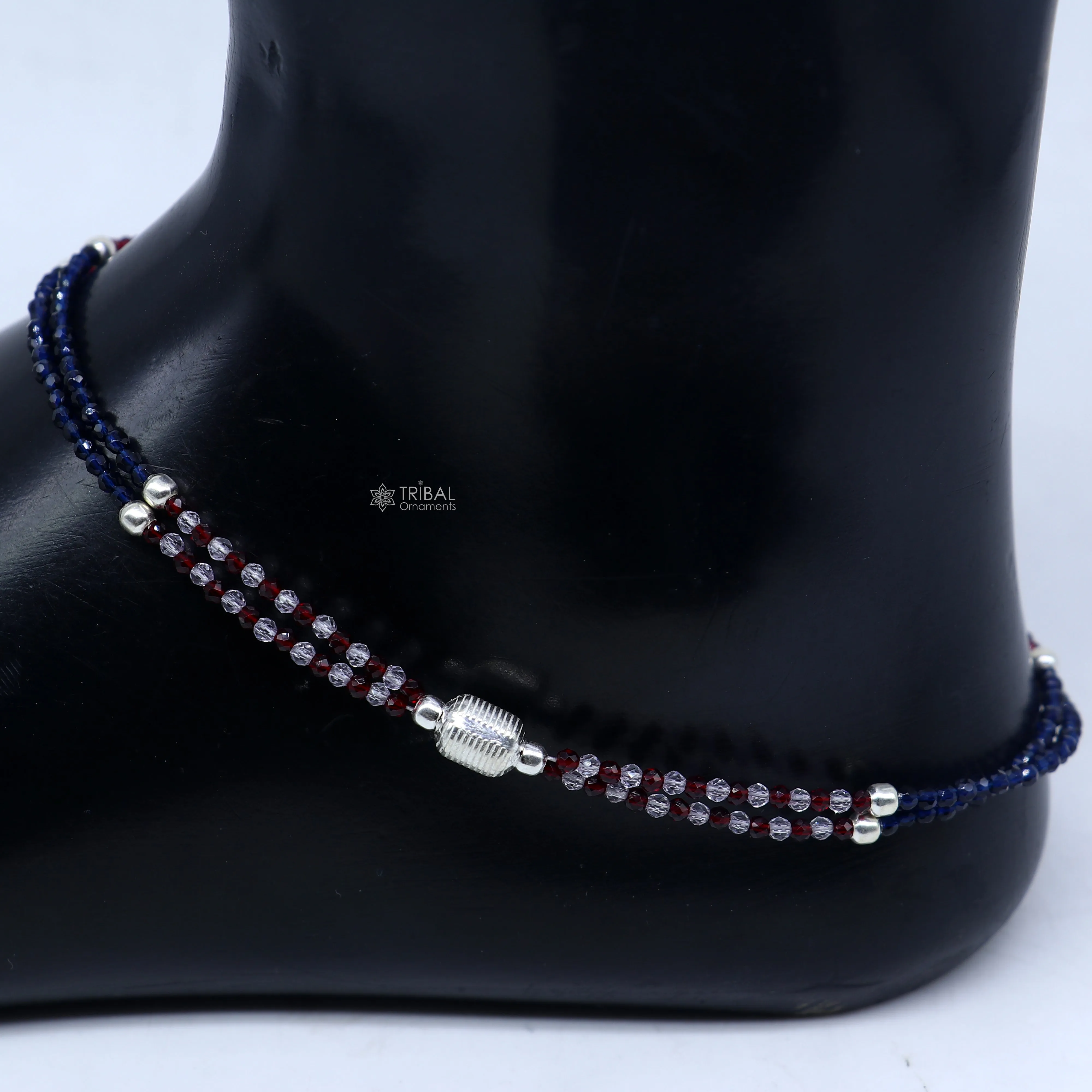 925 sterling silver double chain red and blue beaded anklet bracelet amazing light weight delicate anklets silver jewelry ank654