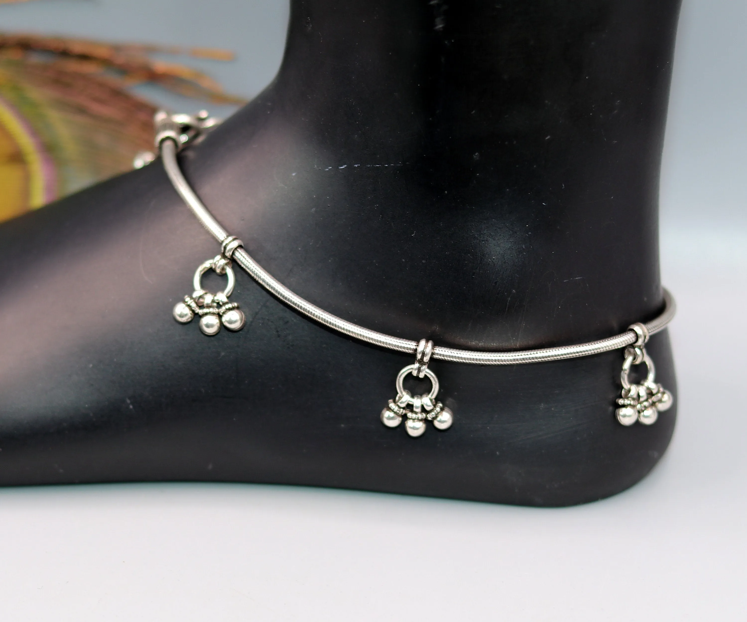 925 Sterling silver vintage handmade antique design stylish anklet foot bracelet hanging bells tribal belly dance charm ankle jewelry ank120