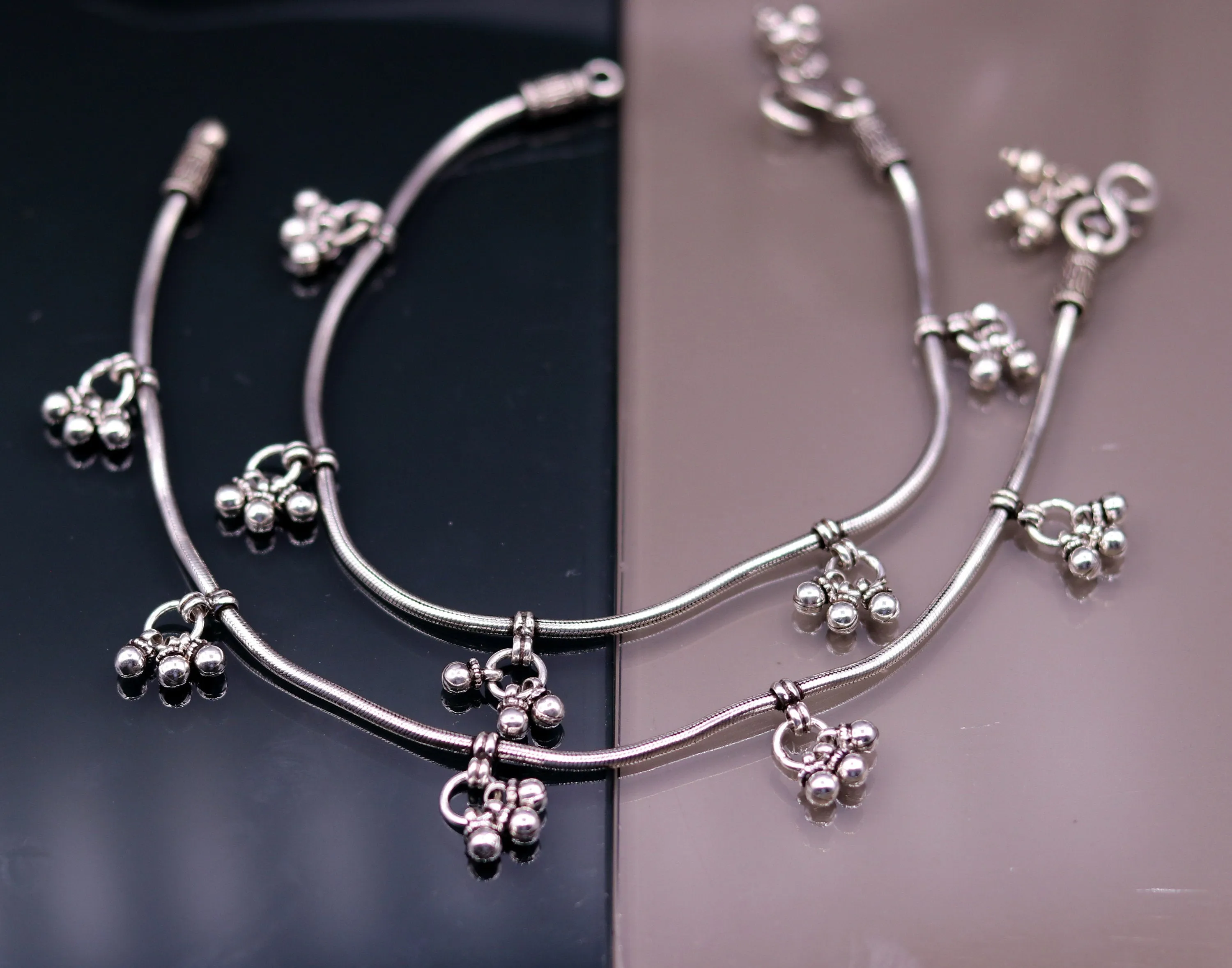 925 Sterling silver vintage handmade antique design stylish anklet foot bracelet hanging bells tribal belly dance charm ankle jewelry ank120