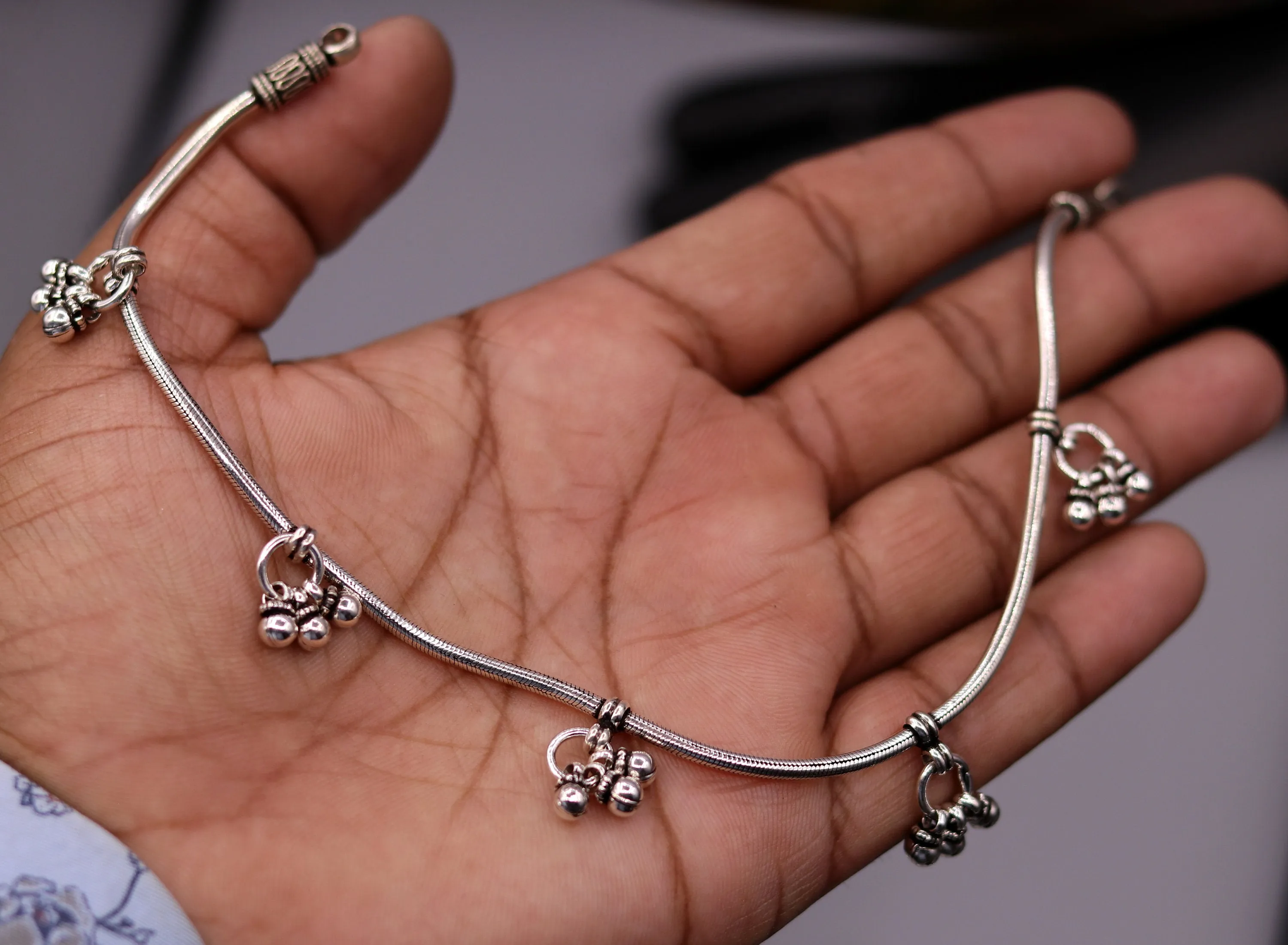 925 Sterling silver vintage handmade antique design stylish anklet foot bracelet hanging bells tribal belly dance charm ankle jewelry ank120