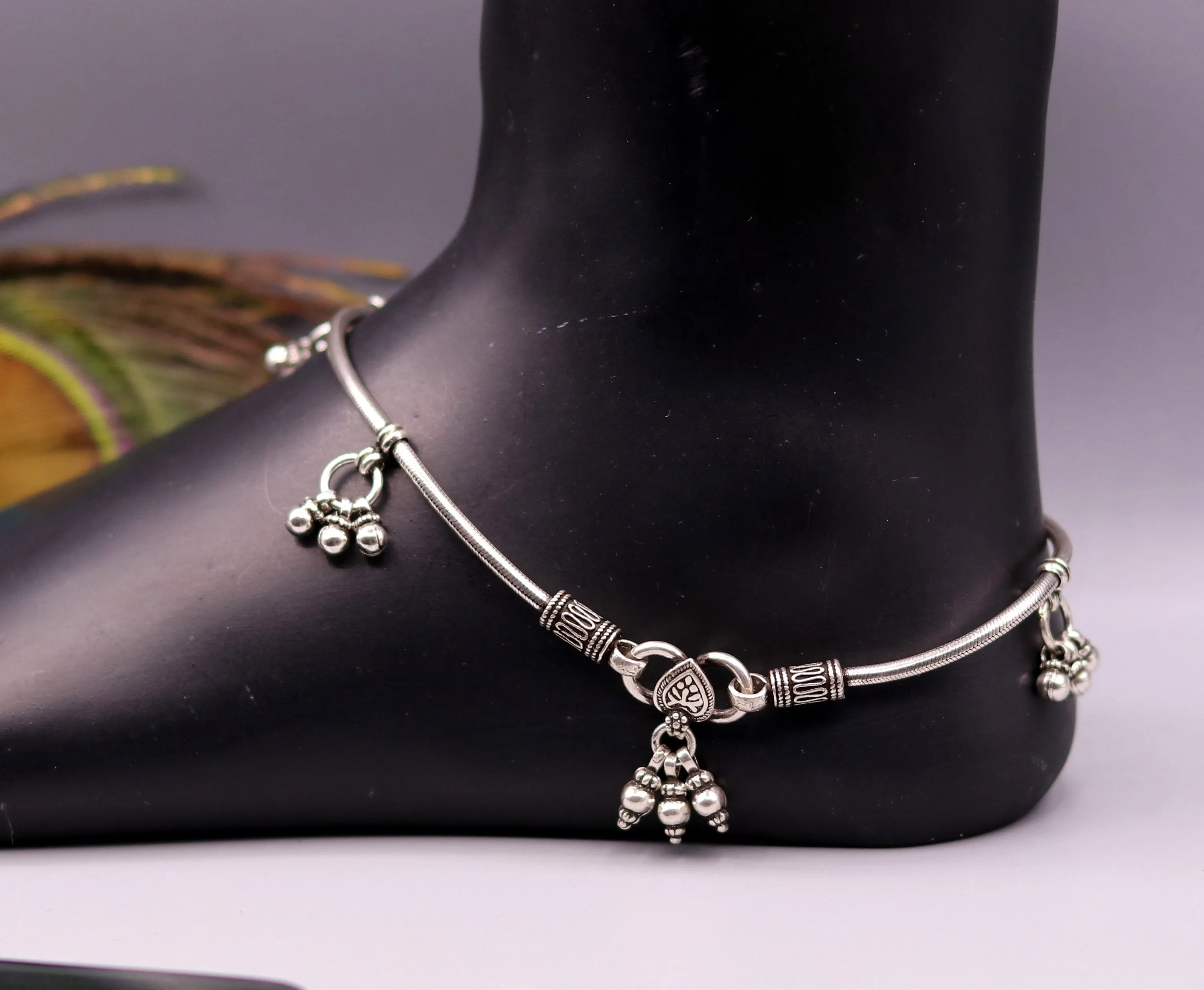 925 Sterling silver vintage handmade antique design stylish anklet foot bracelet hanging bells tribal belly dance charm ankle jewelry ank120