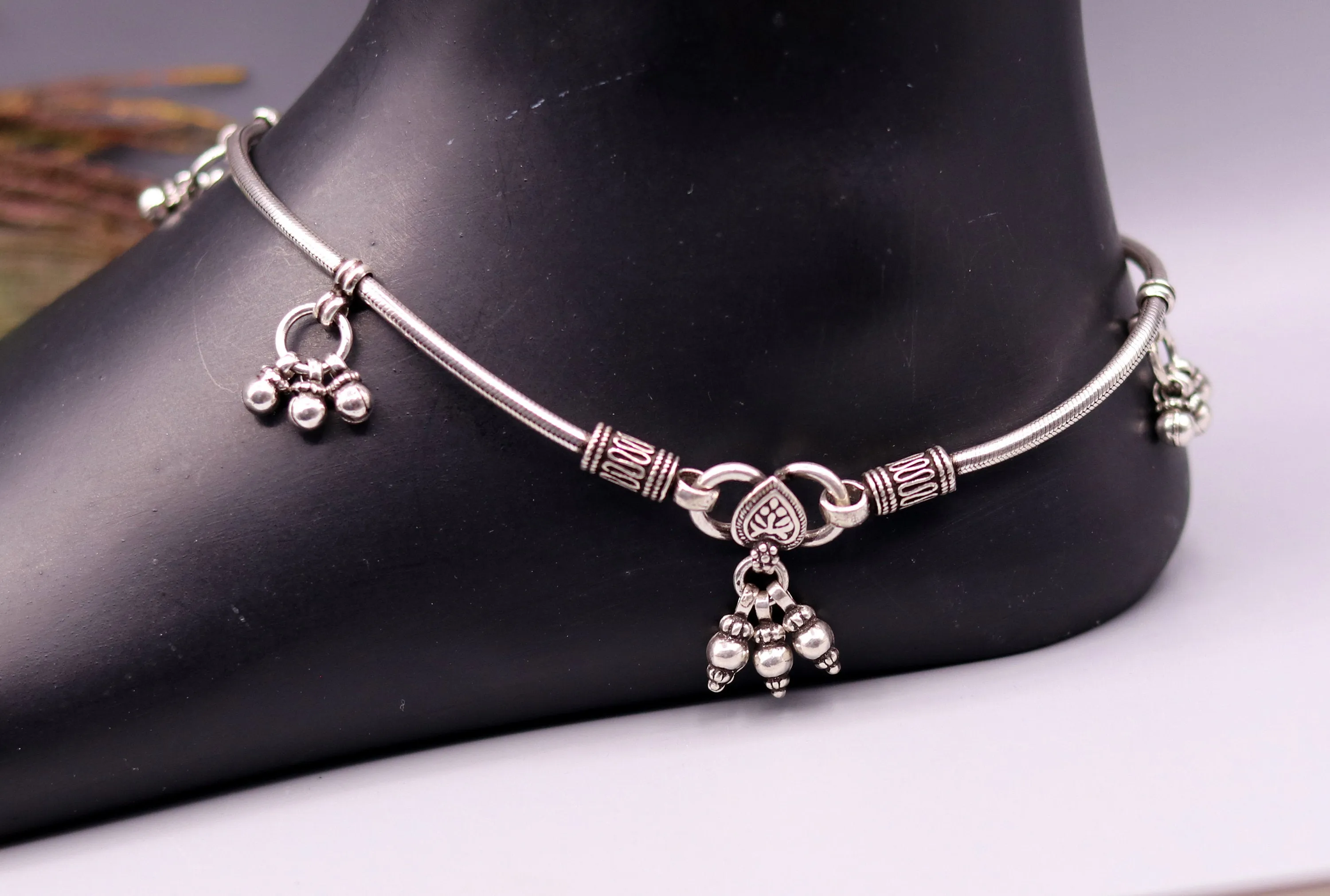 925 Sterling silver vintage handmade antique design stylish anklet foot bracelet hanging bells tribal belly dance charm ankle jewelry ank120