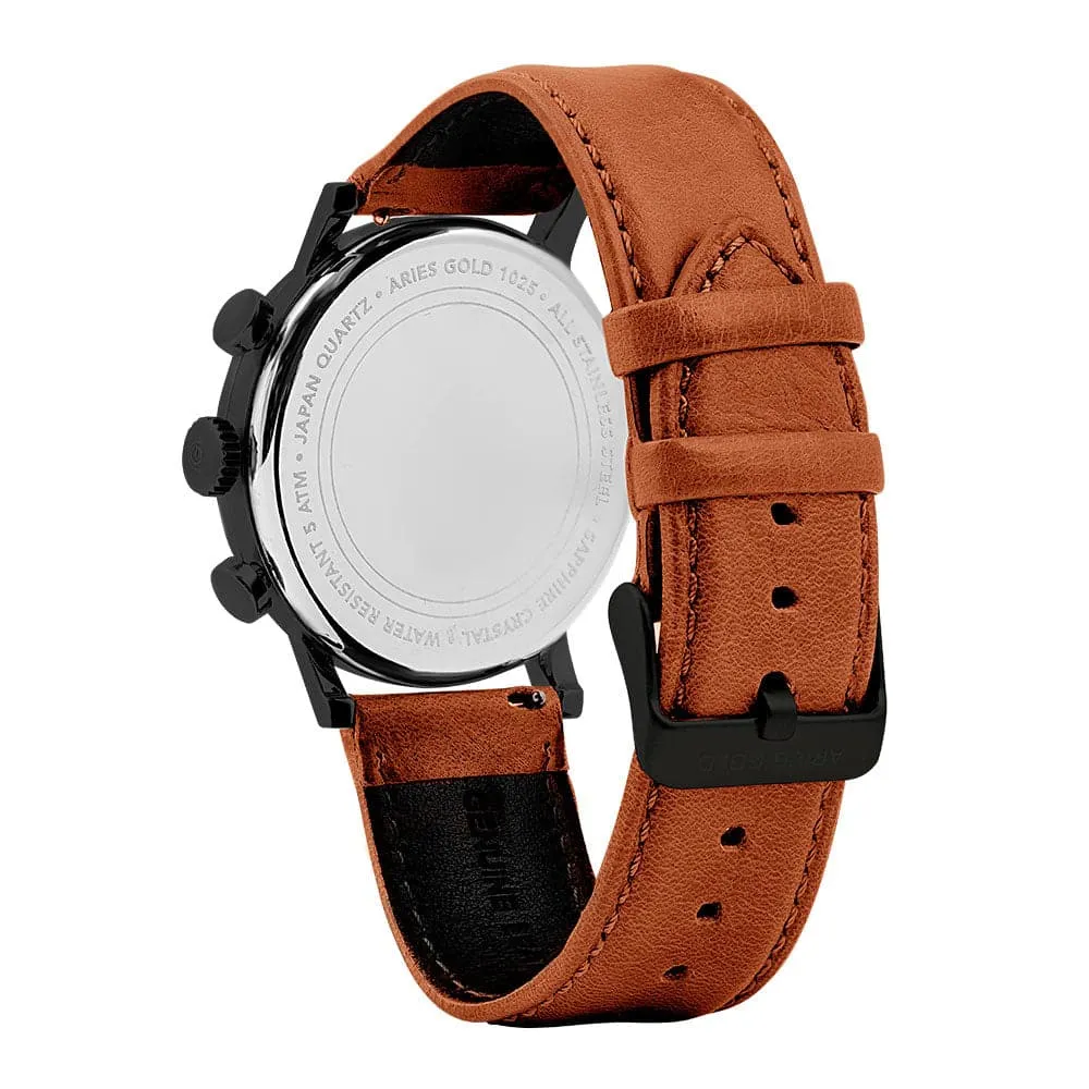 ARIES GOLD URBAN JOURNEY G 1025 BK-BEI BROWN LEATHER STRAP MEN'S WATCH