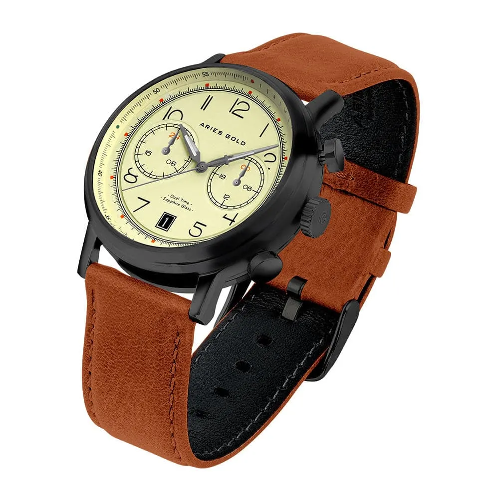 ARIES GOLD URBAN JOURNEY G 1025 BK-BEI BROWN LEATHER STRAP MEN'S WATCH