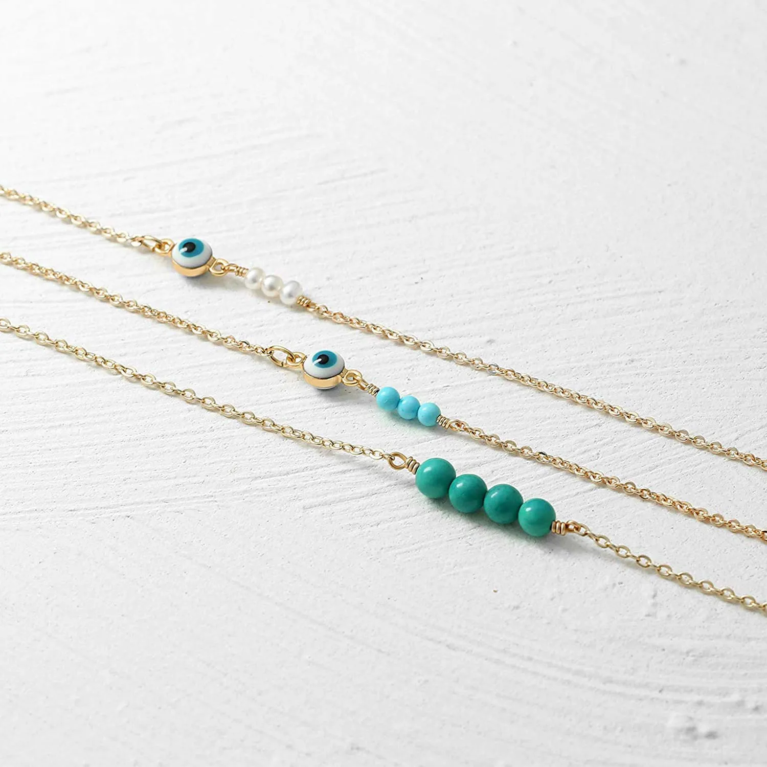 BENEIGE Dainty Evil Eye Anklet,14k Gold Plated Ankle Bracelet with Cute 3 Turquoise Handmade Foot Chain for Women 3 Turquoise Evil Eye
