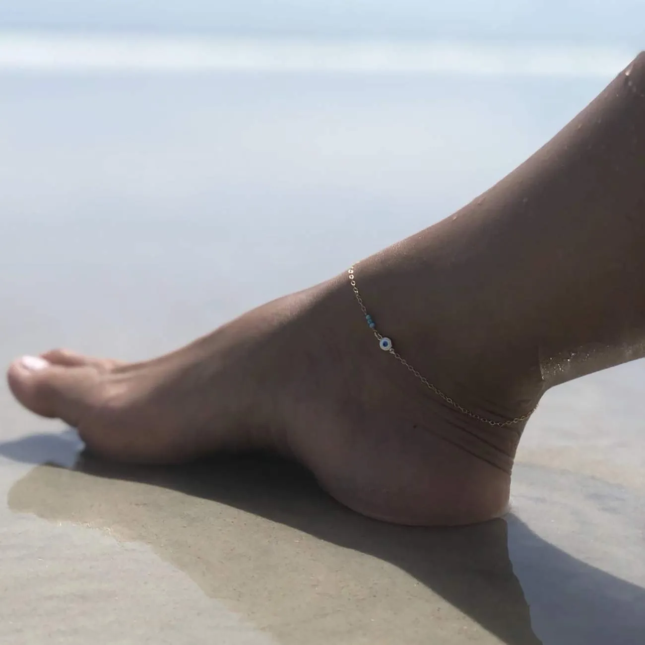 BENEIGE Dainty Evil Eye Anklet,14k Gold Plated Ankle Bracelet with Cute 3 Turquoise Handmade Foot Chain for Women 3 Turquoise Evil Eye