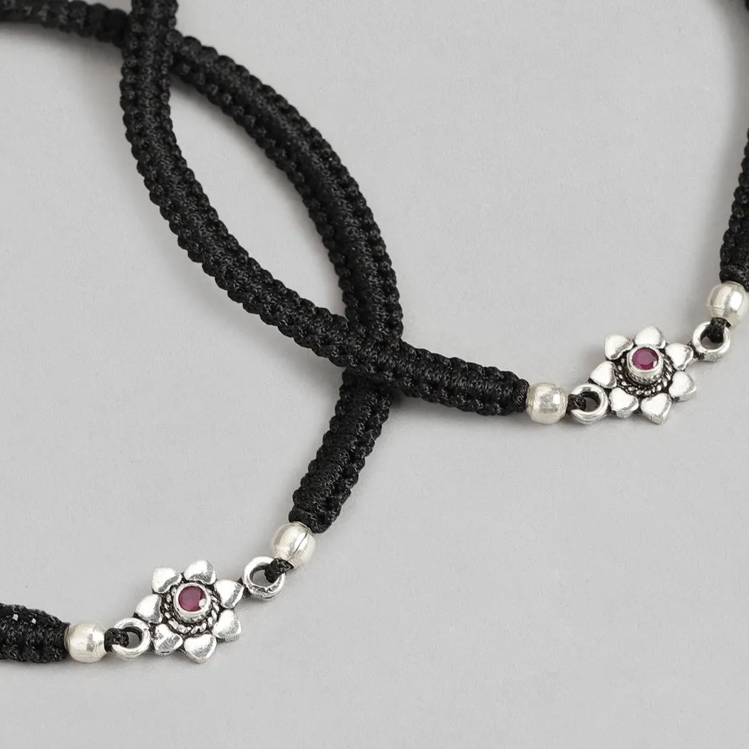 Black thread flower 925 Sterling Silver Anklets