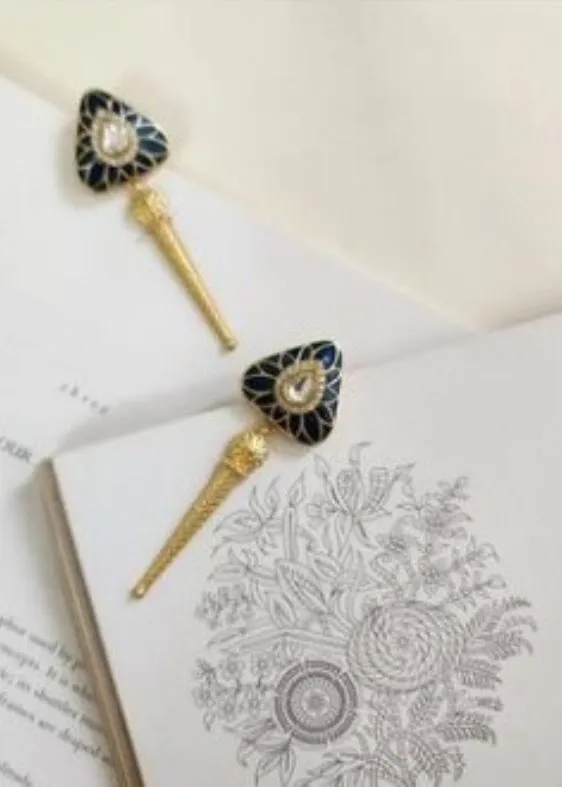 Blue polki kundan emel triangle earrings