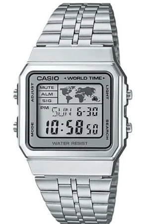CASIO VINTAGE A500WA-7DF WORLD TIME WATCH - SILVER/SILVER