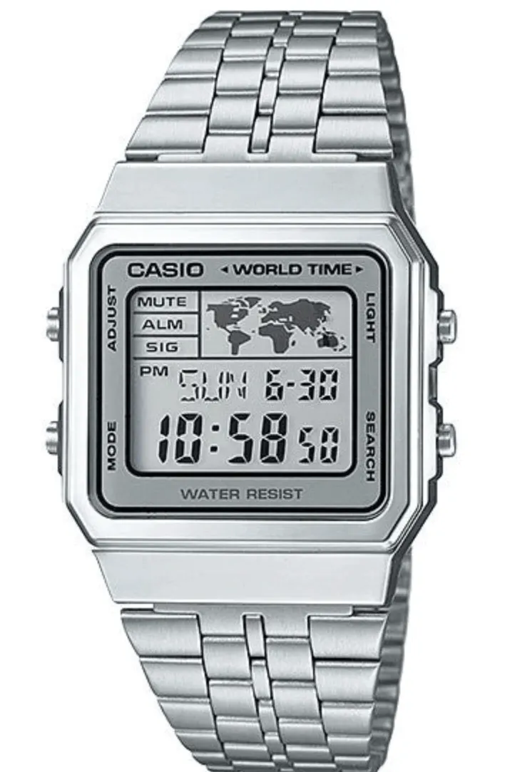 CASIO VINTAGE A500WA-7DF WORLD TIME WATCH - SILVER/SILVER