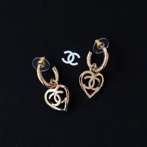 Chanel Gold Plated Small Hoop Earrings CC Logo In Heart