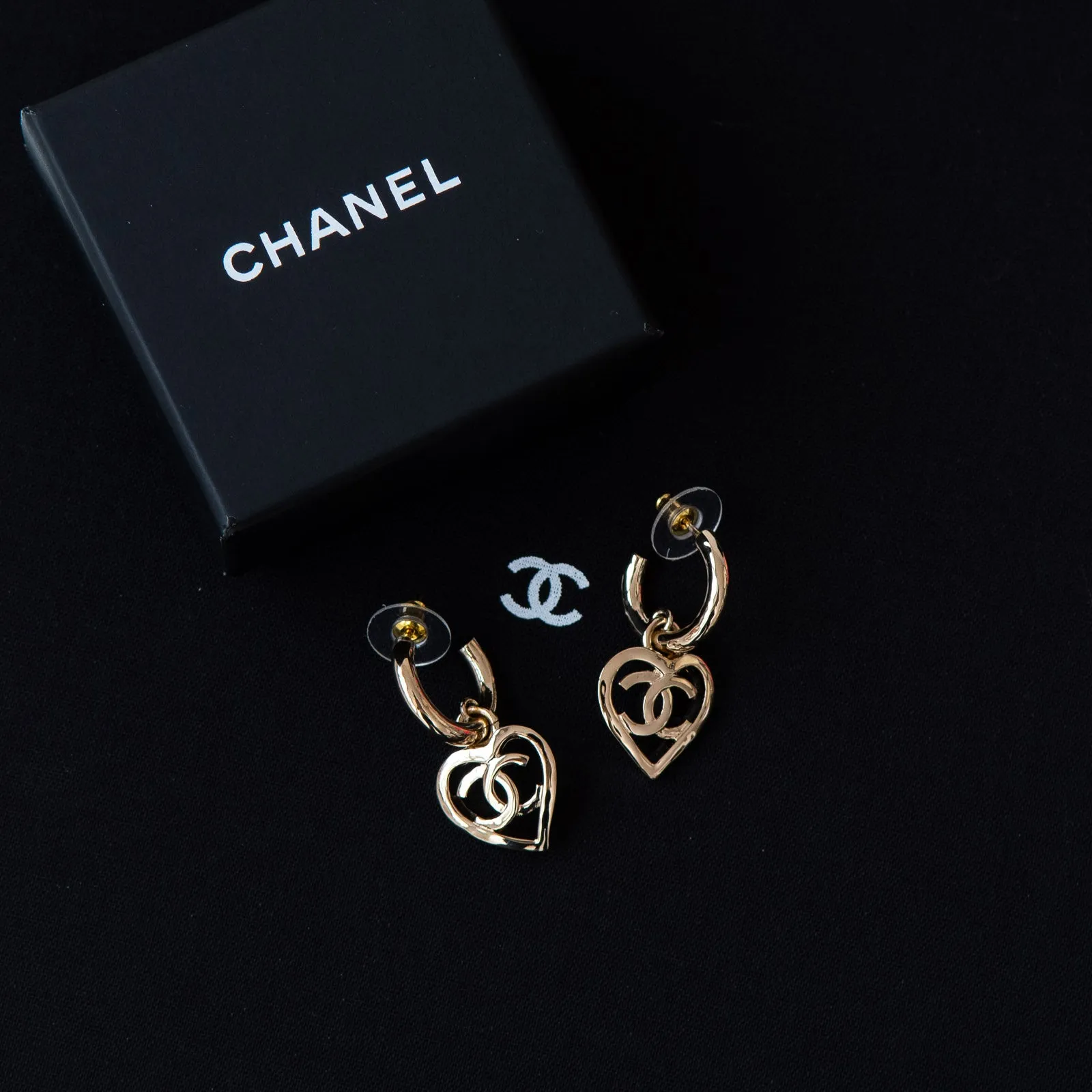 Chanel Gold Plated Small Hoop Earrings CC Logo In Heart