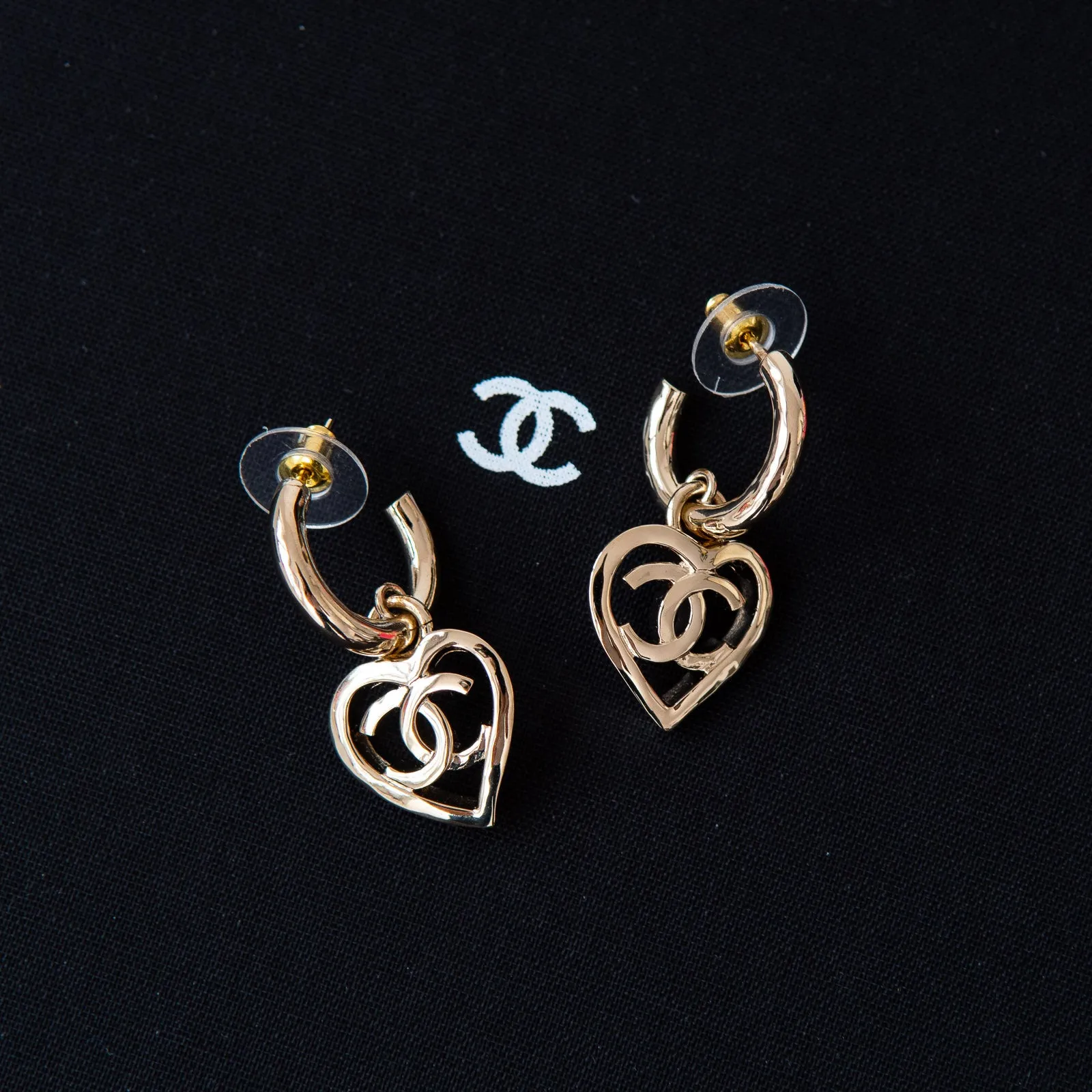 Chanel Gold Plated Small Hoop Earrings CC Logo In Heart