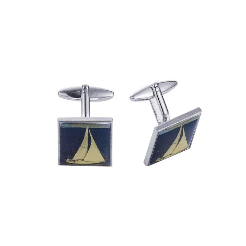 Cudworth Rhodium Plated Screen print Yacht Cufflinks