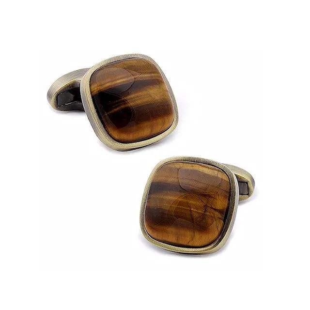 Cushion Shaped Sodalite Marble or Tiger Eye Antique Gold Plated Cufflinks