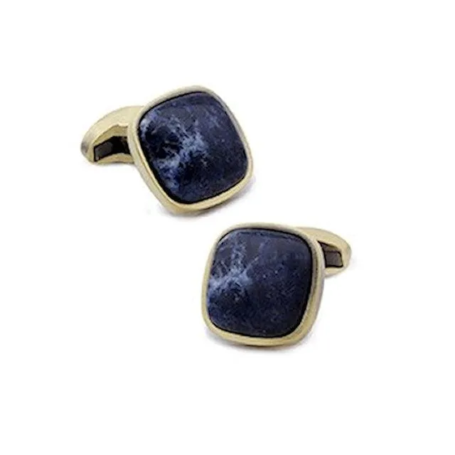 Cushion Shaped Sodalite Marble or Tiger Eye Antique Gold Plated Cufflinks