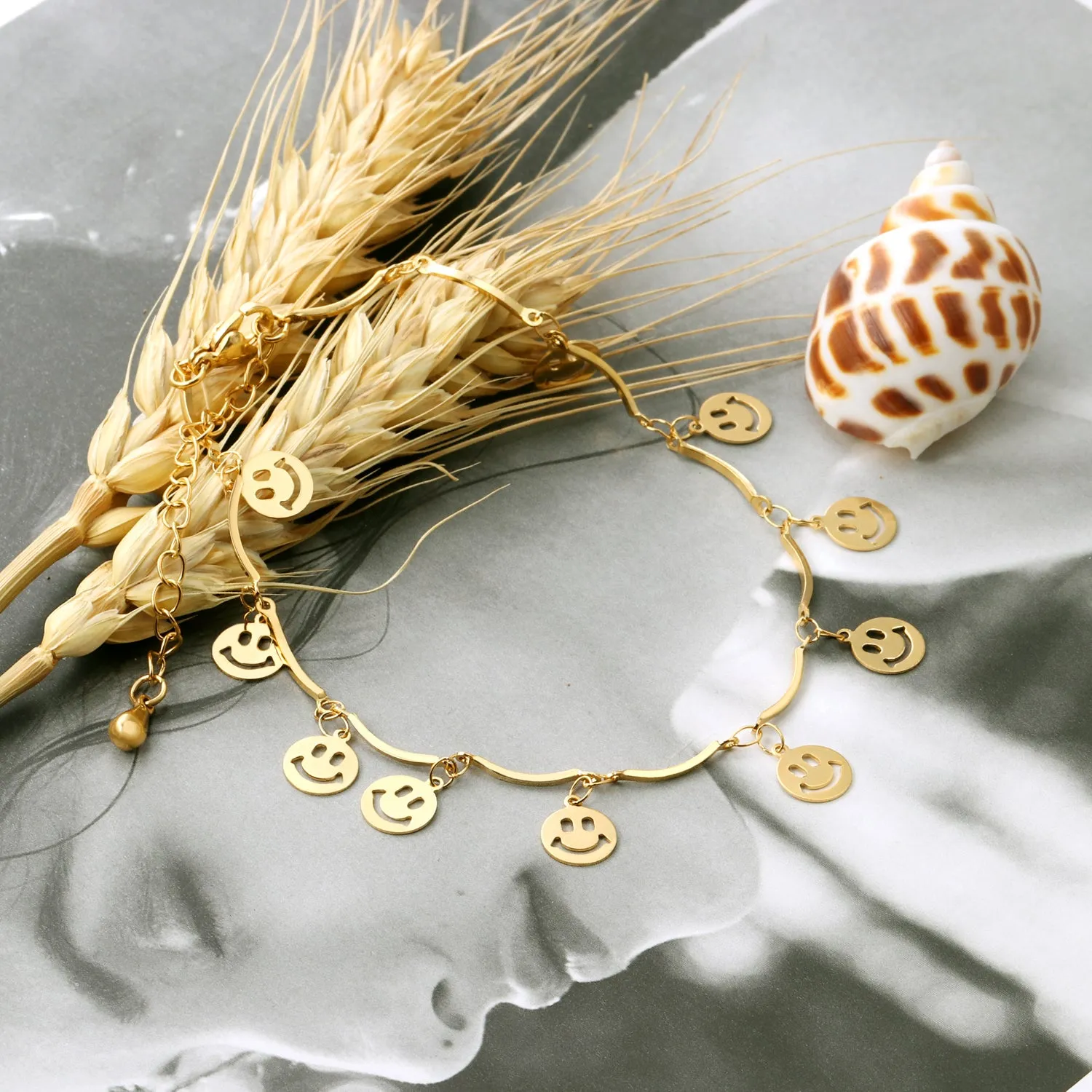 Cute Style Smile Face Stainless Steel Chain Anklets Female