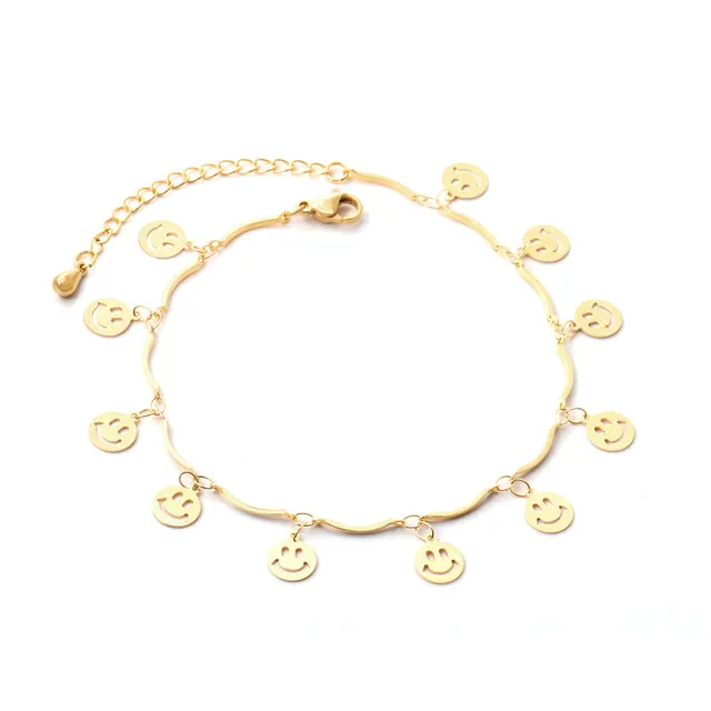 Cute Style Smile Face Stainless Steel Chain Anklets Female