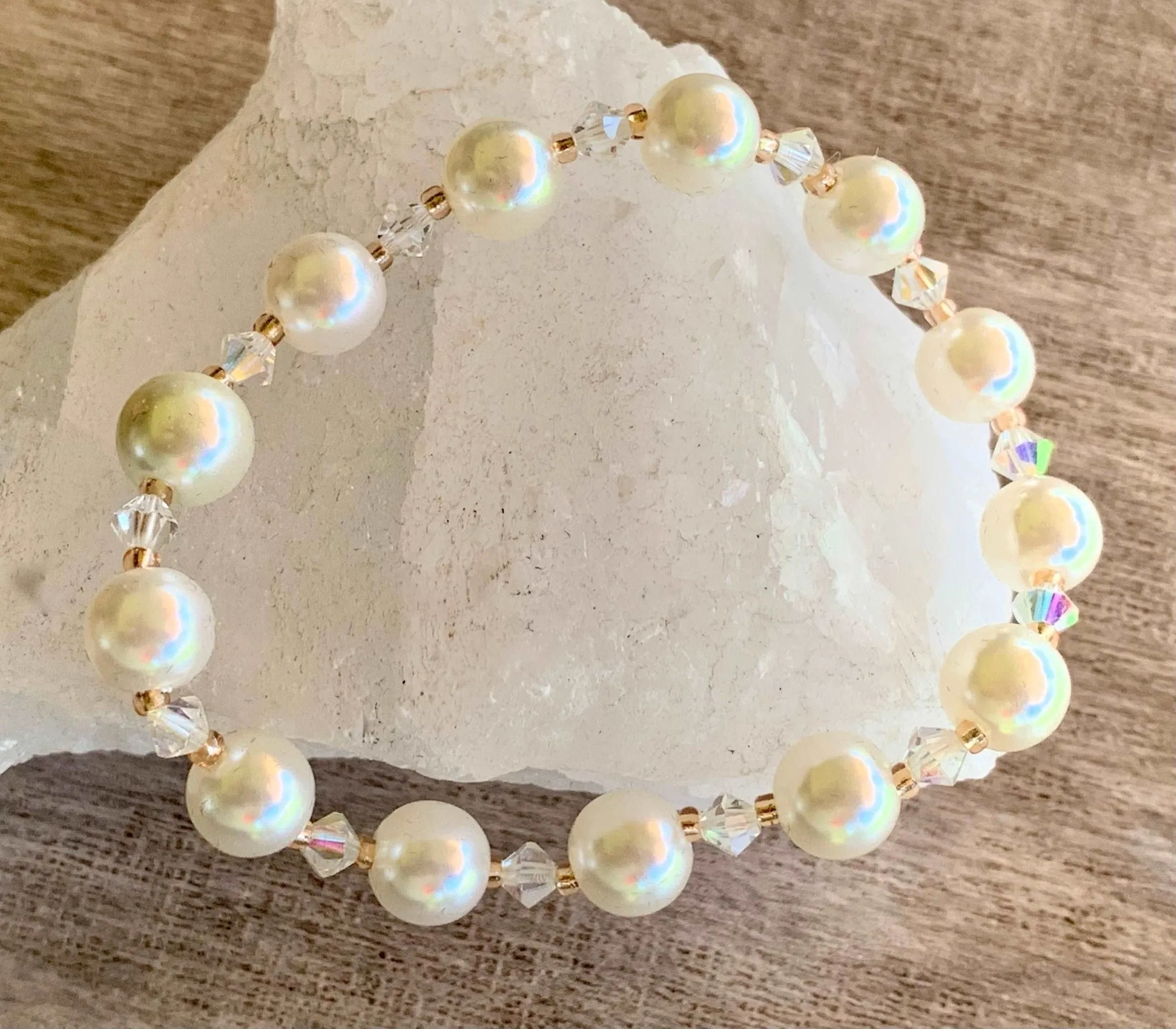 Dana Handmade Faux Pearl and Crystal Expandable Bracelet