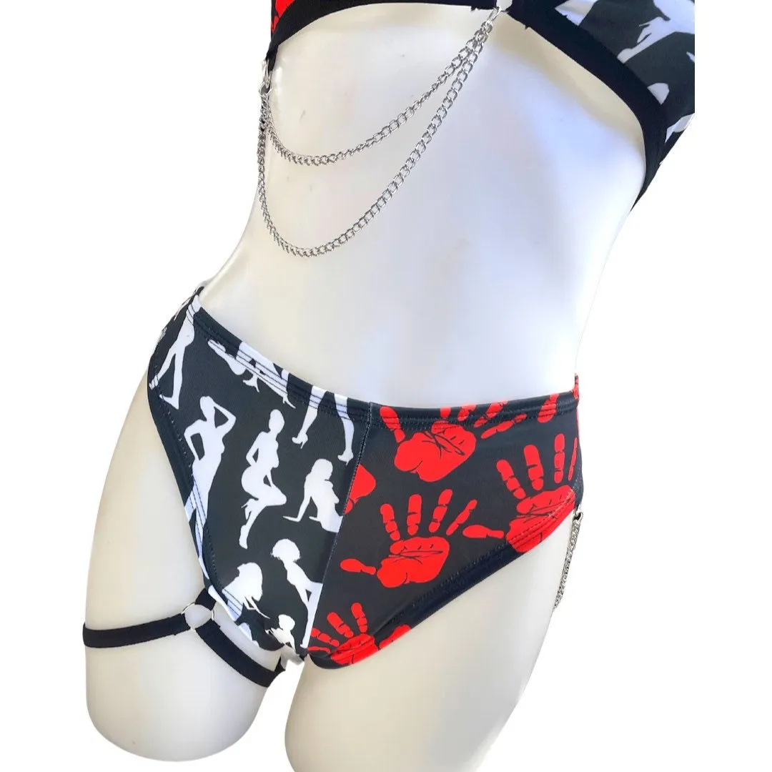 DONT Touch Me | Mismatch Triangle Chain Top   High Waisted High Cut Chain Bottoms with Leg Wrap, Women's Festival Outfit, Rave Set