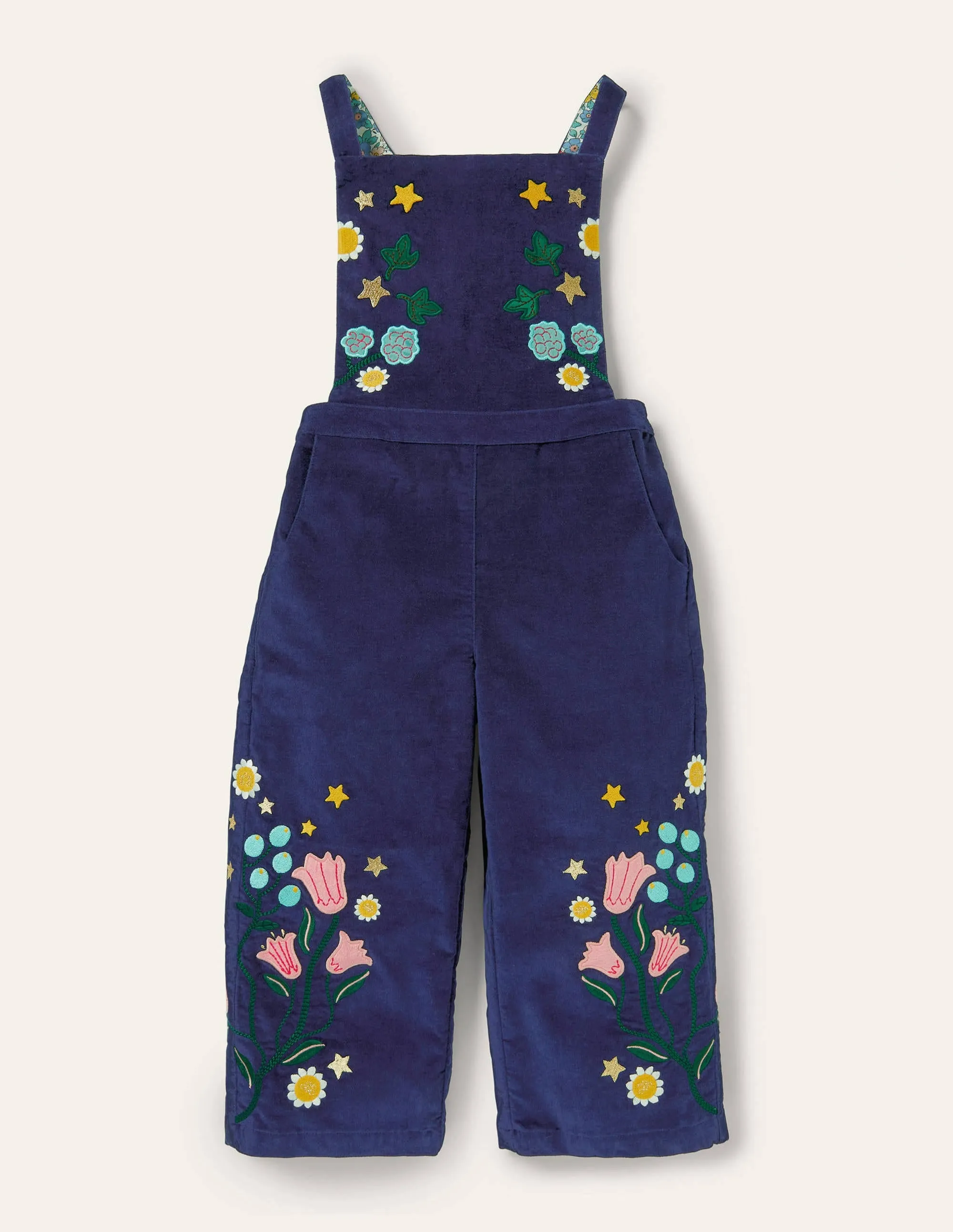 Embroidered Velvet Dungarees-College Navy