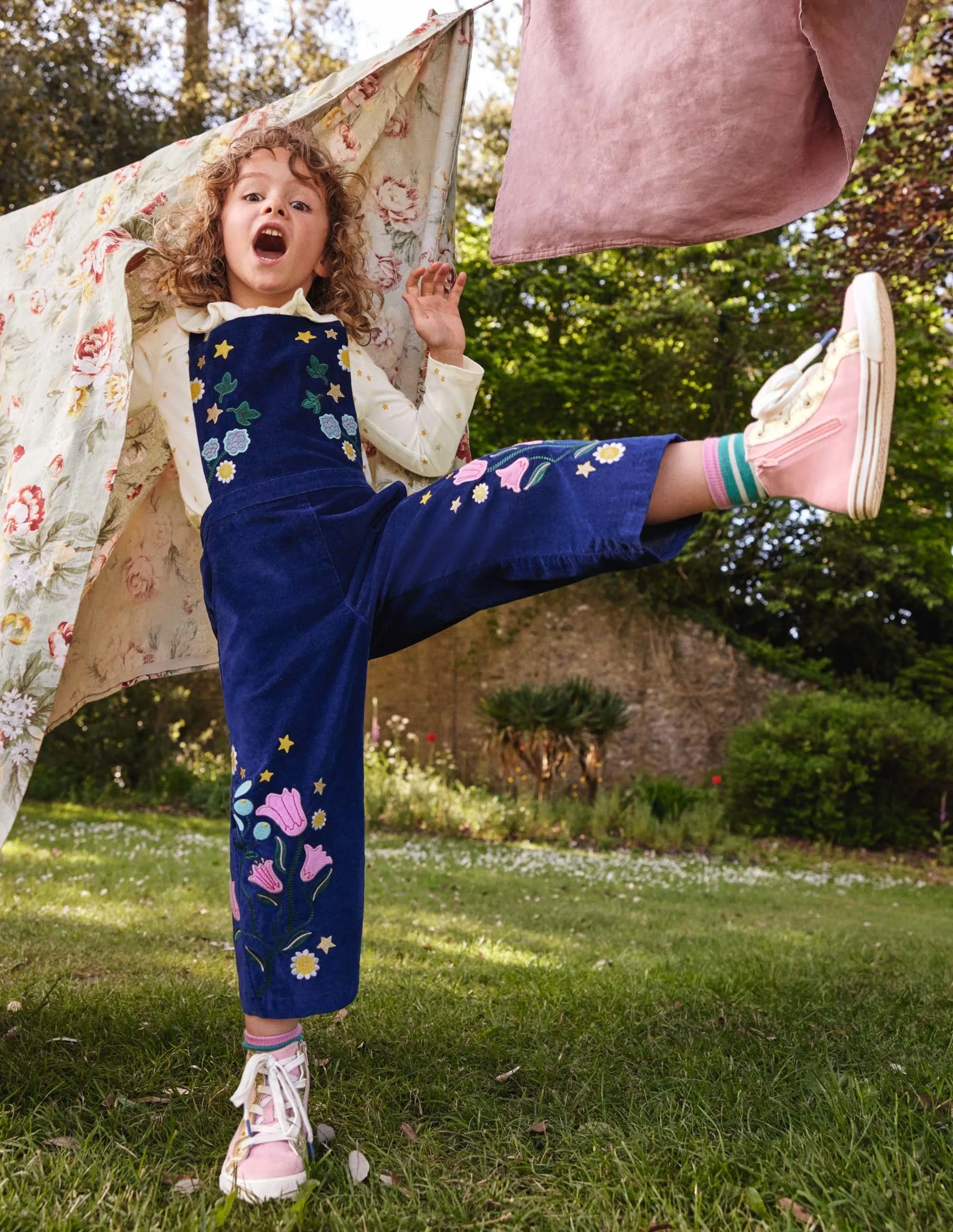 Embroidered Velvet Dungarees-College Navy