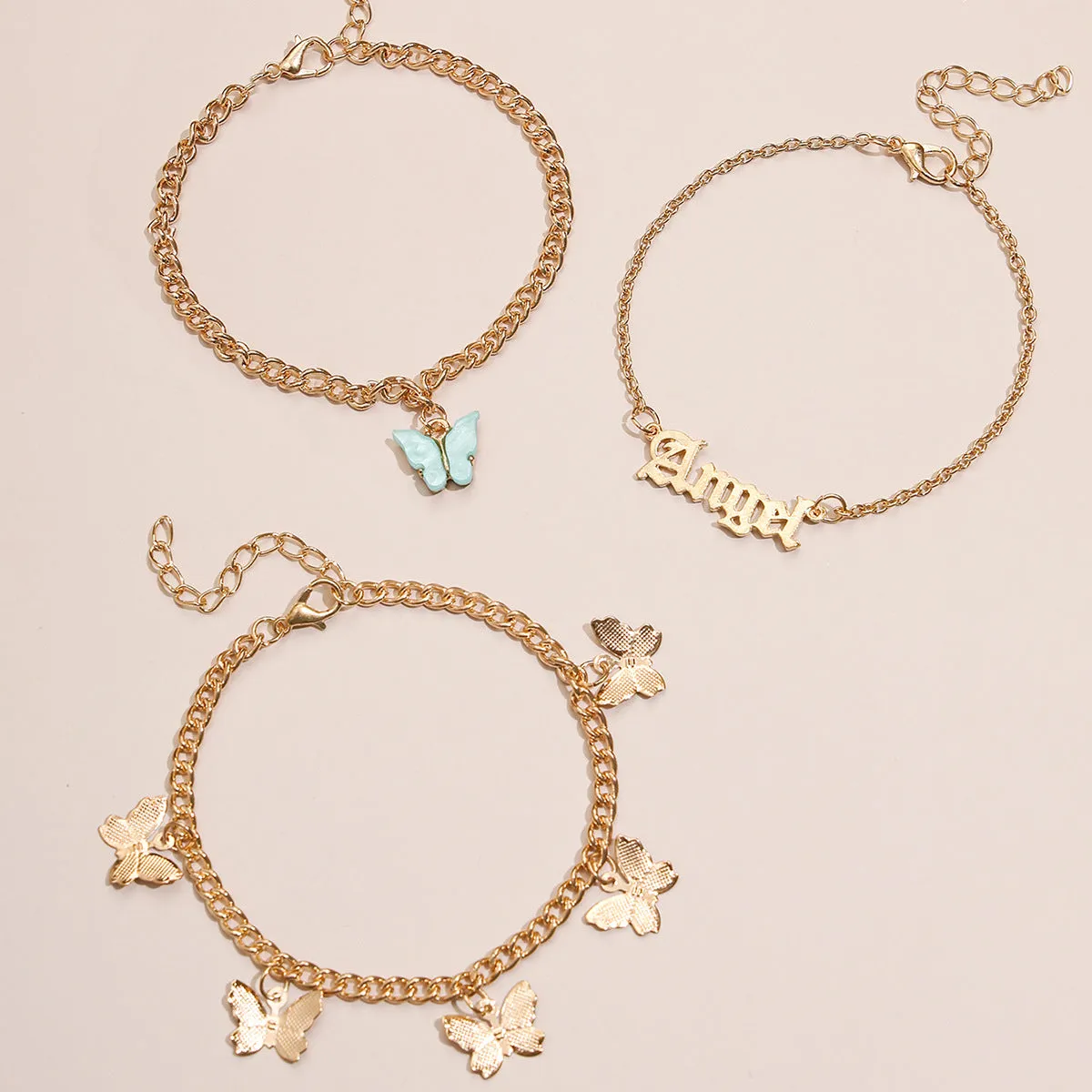 European and American Jane Flower Butterfly Tassel Anklet 3-Piece Set