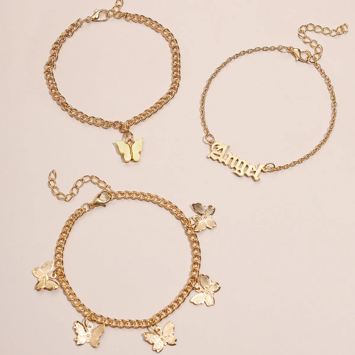 European and American Jane Flower Butterfly Tassel Anklet 3-Piece Set