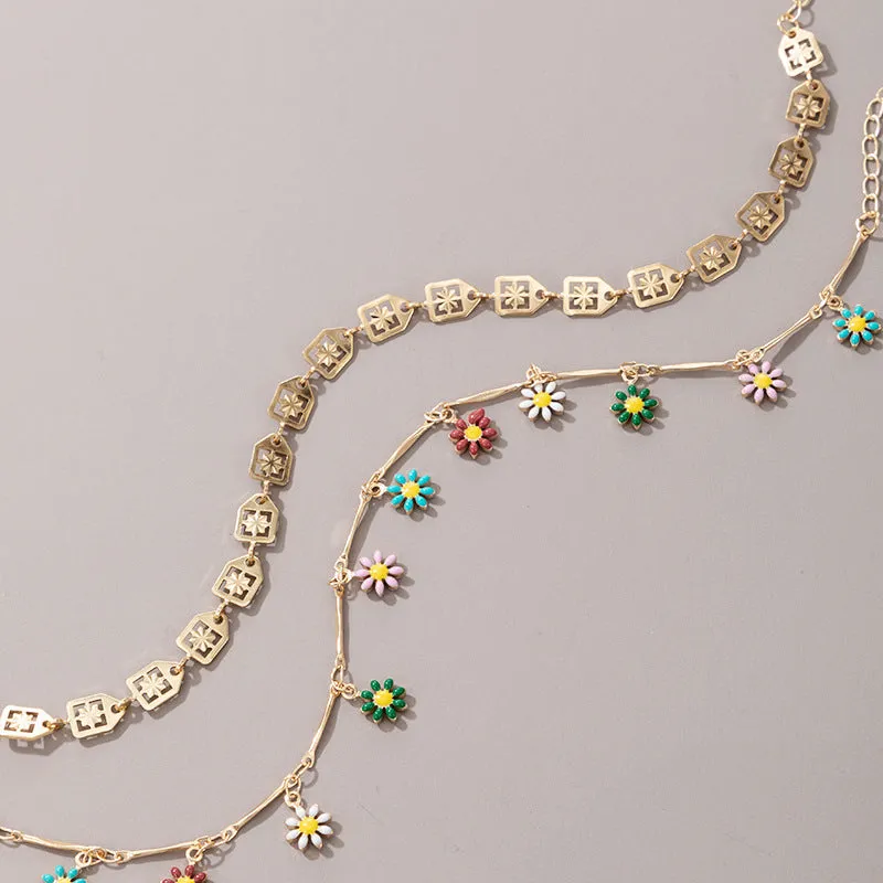 Fashion Anklet Creative Retro Hollow Color Dripping Flower Anklet 2-piece Beach Style Jewelry