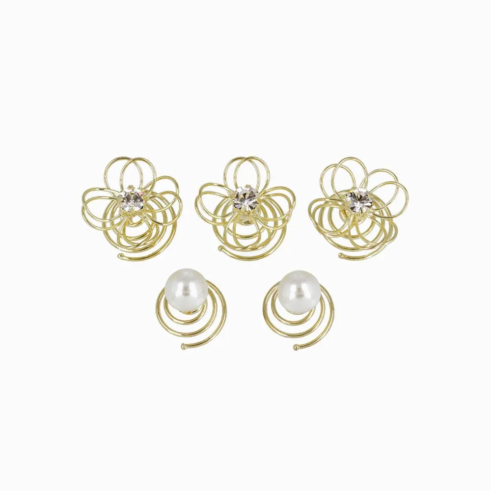 Filigree Flower  and Pearl Spiral Hairpin Hair Charm Set