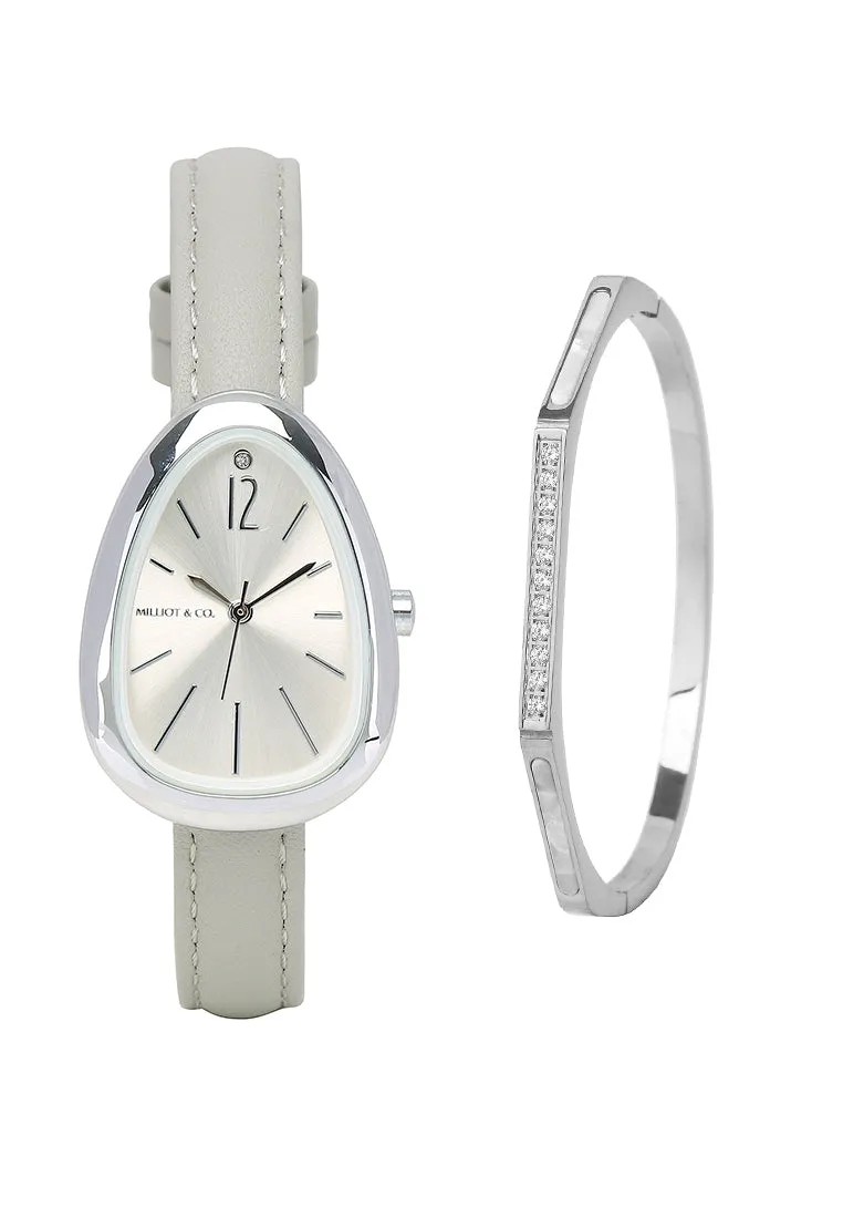 Fiona Silver Leather Analog Watches with Bangle Set (Grey)