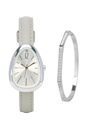 Fiona Silver Leather Analog Watches with Bangle Set (Grey)
