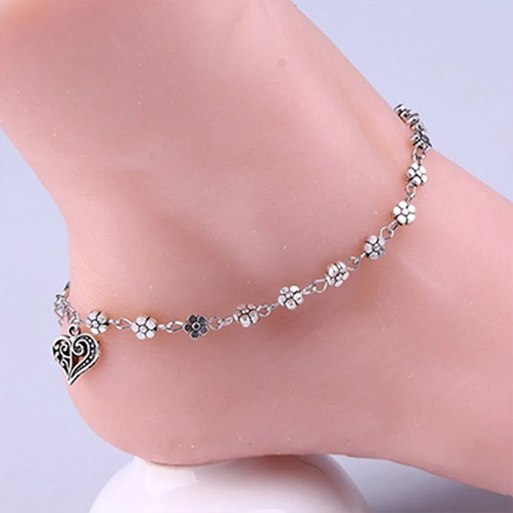 Flower Heart  Silver Plated Chain Anklet Bracelet