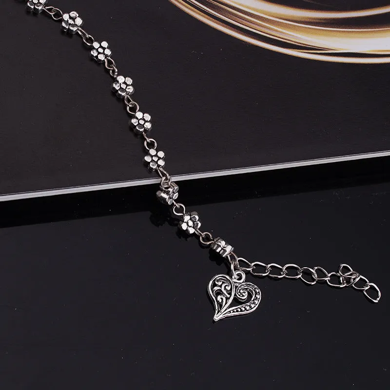 Flower Heart  Silver Plated Chain Anklet Bracelet