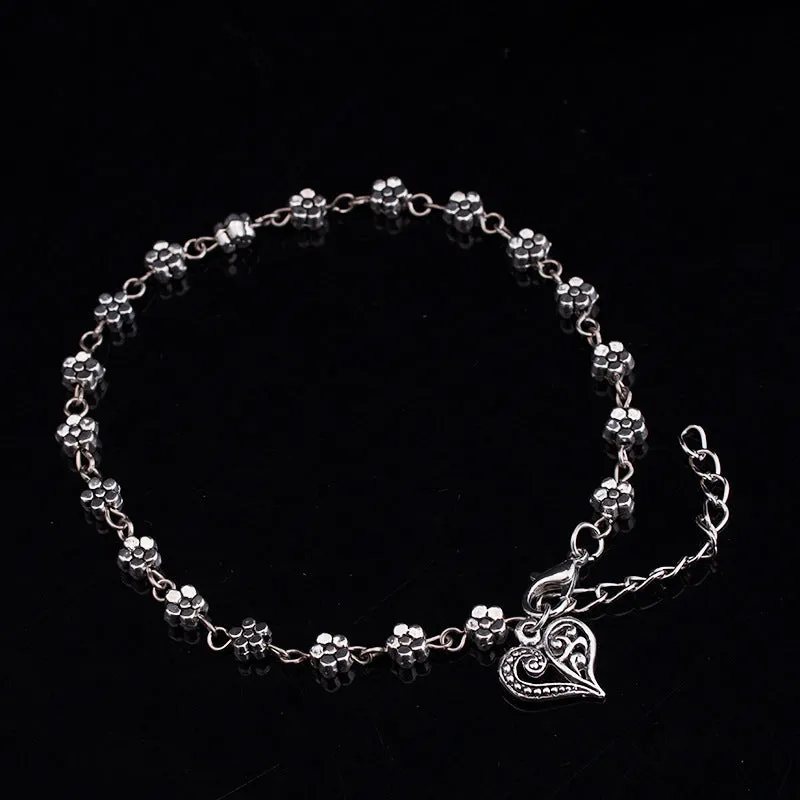 Flower Heart  Silver Plated Chain Anklet Bracelet
