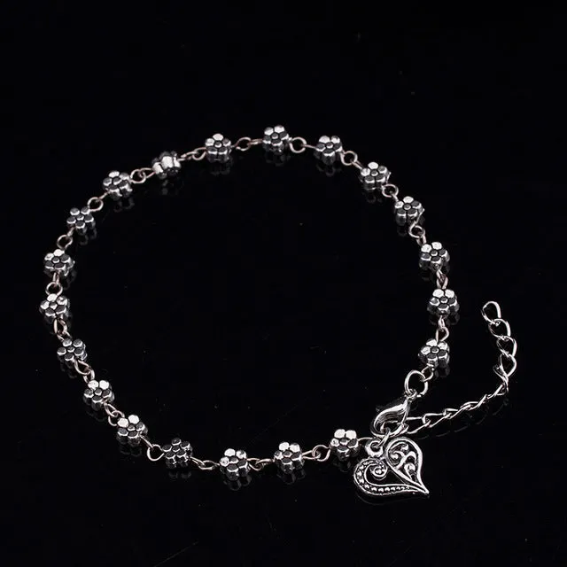Flower Heart  Silver Plated Chain Anklet Bracelet