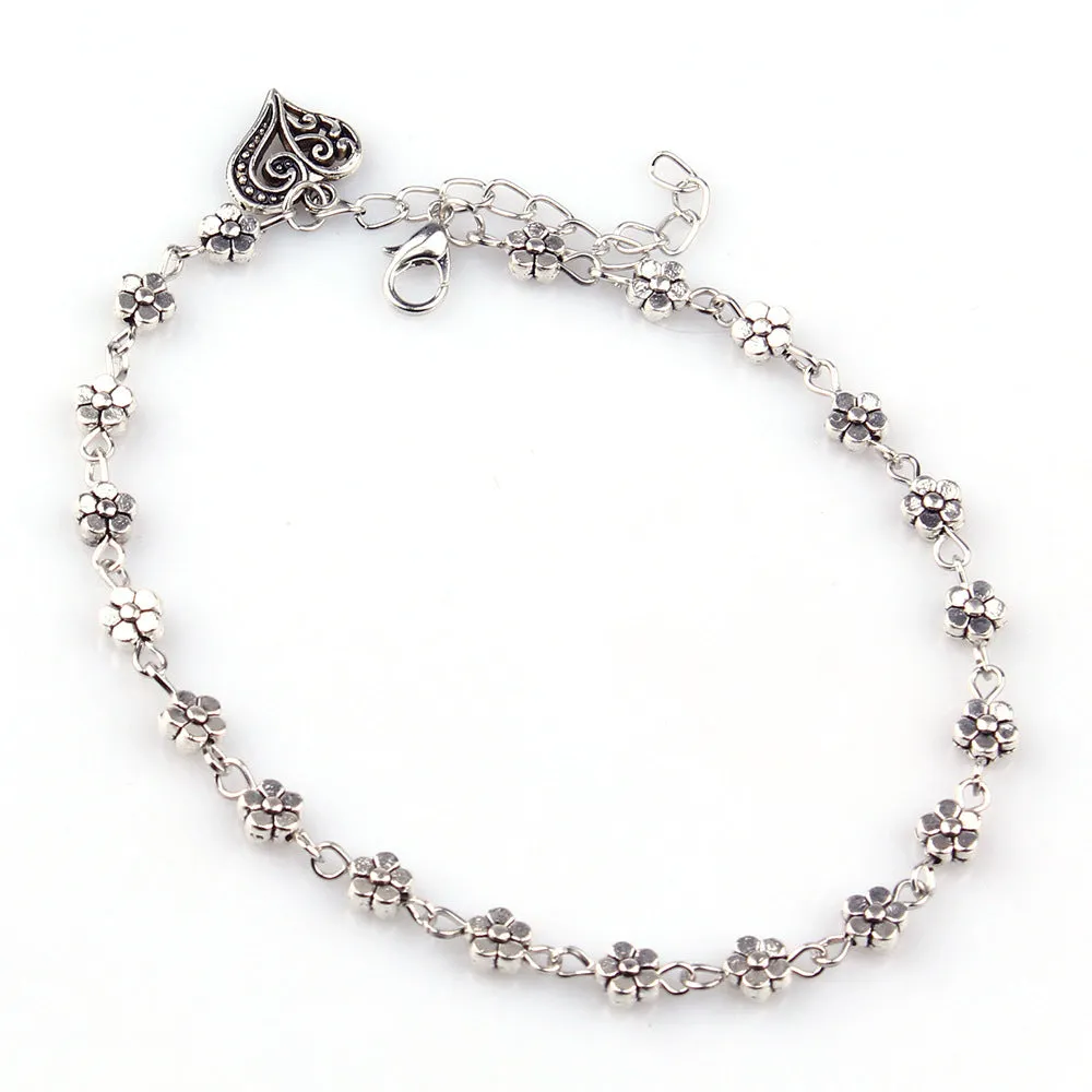 Flower Heart  Silver Plated Chain Anklet Bracelet