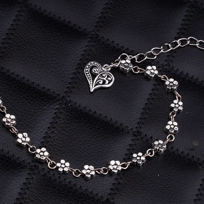 Flower Heart  Silver Plated Chain Anklet Bracelet