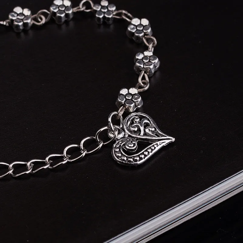 Flower Heart  Silver Plated Chain Anklet Bracelet