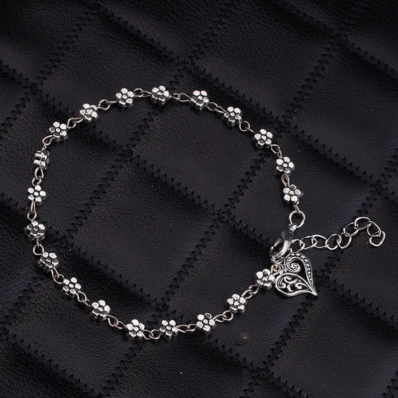 Flower Heart  Silver Plated Chain Anklet Bracelet