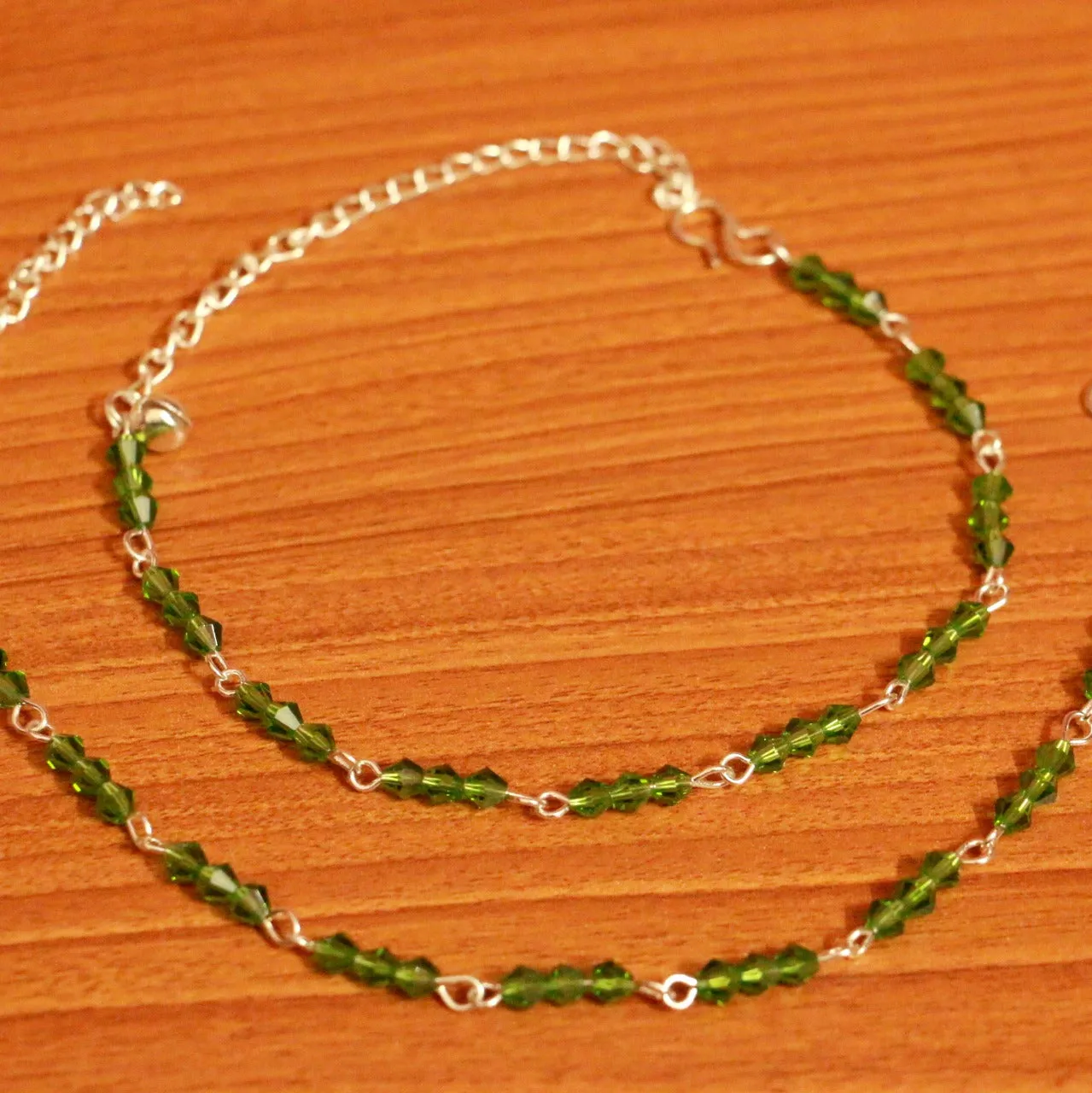 Green Crystal Beaded Silver Plated Anklets
