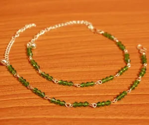 Green Crystal Beaded Silver Plated Anklets